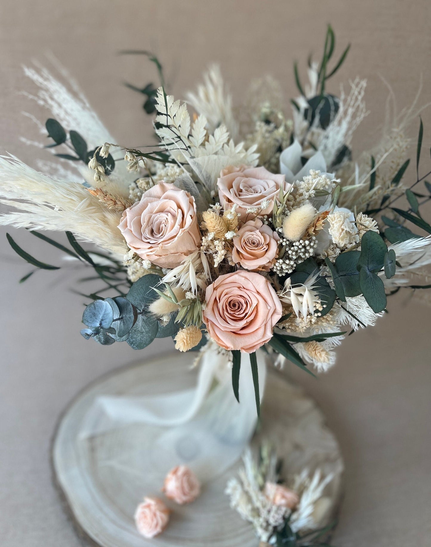 Peach Bridal Bouquet | Dried Boho Wedding Flowers Salmon Rose