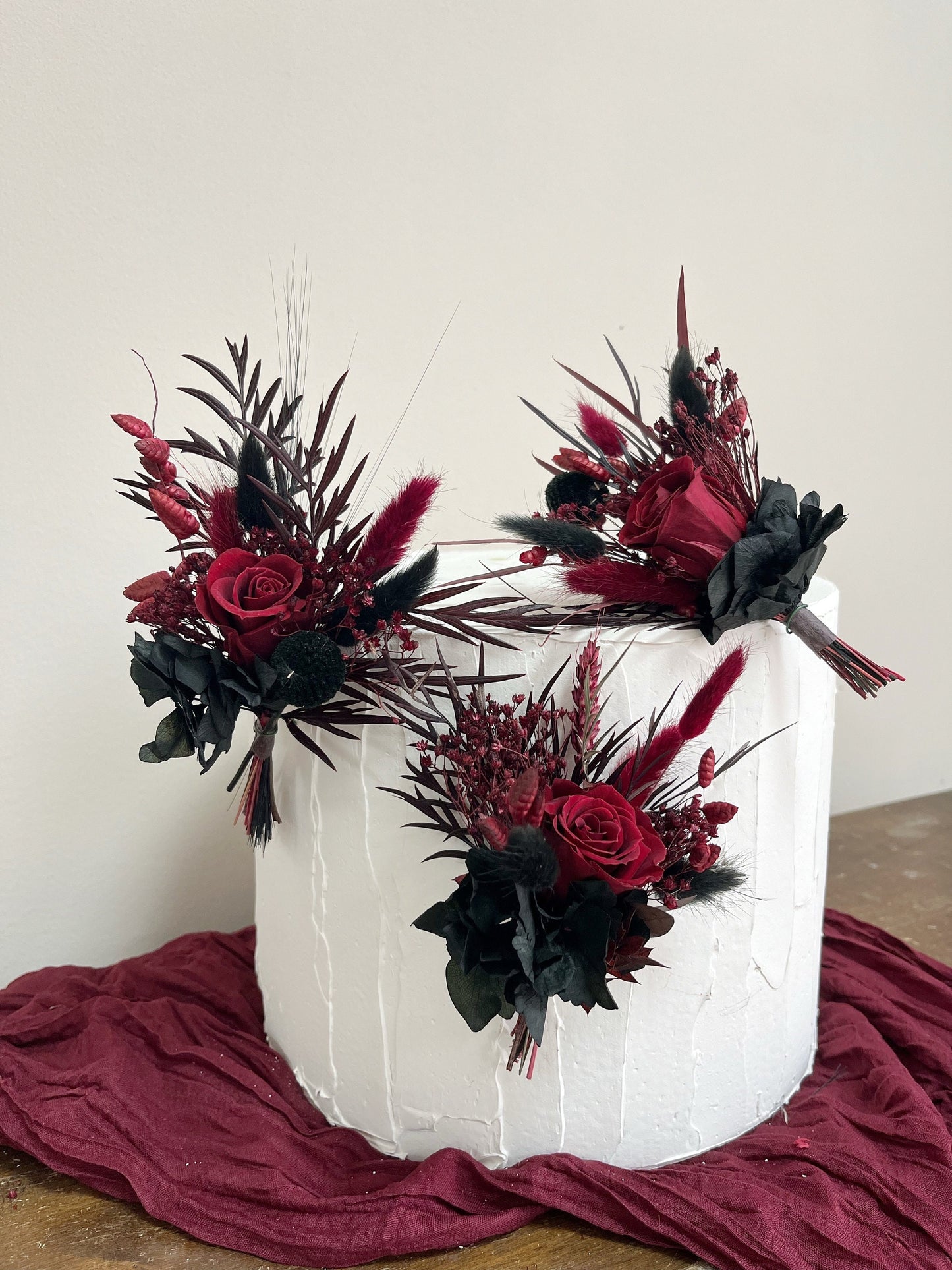 Black & Burgundy Dried Flower Cascade Bridal Bouquet - Boho Gothic Wedding