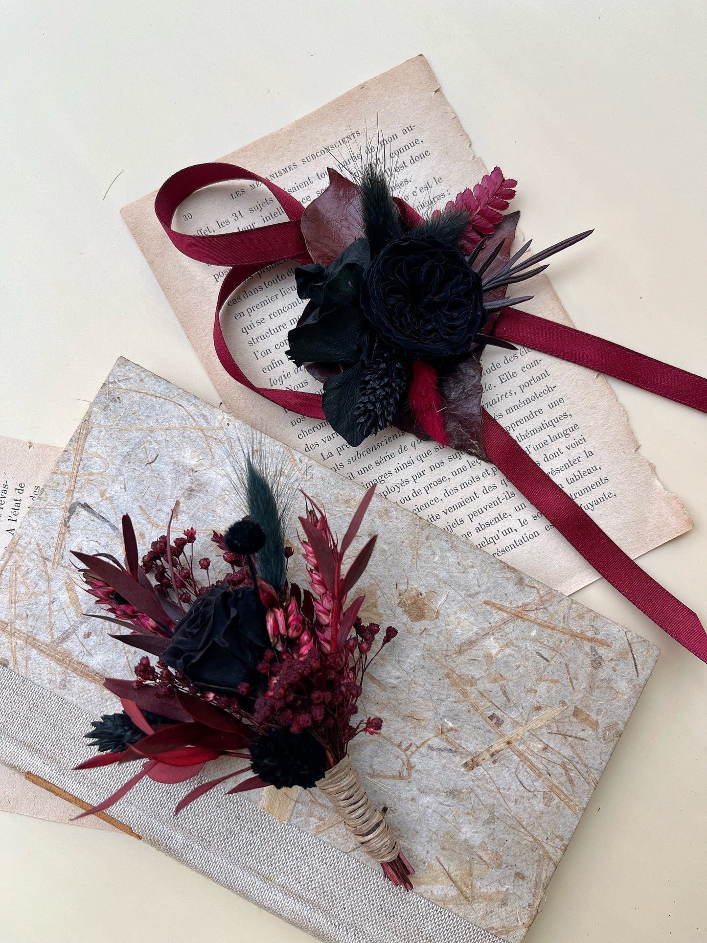 Black & Burgundy Dried Flower Cascade Bridal Bouquet - Boho Gothic Wedding
