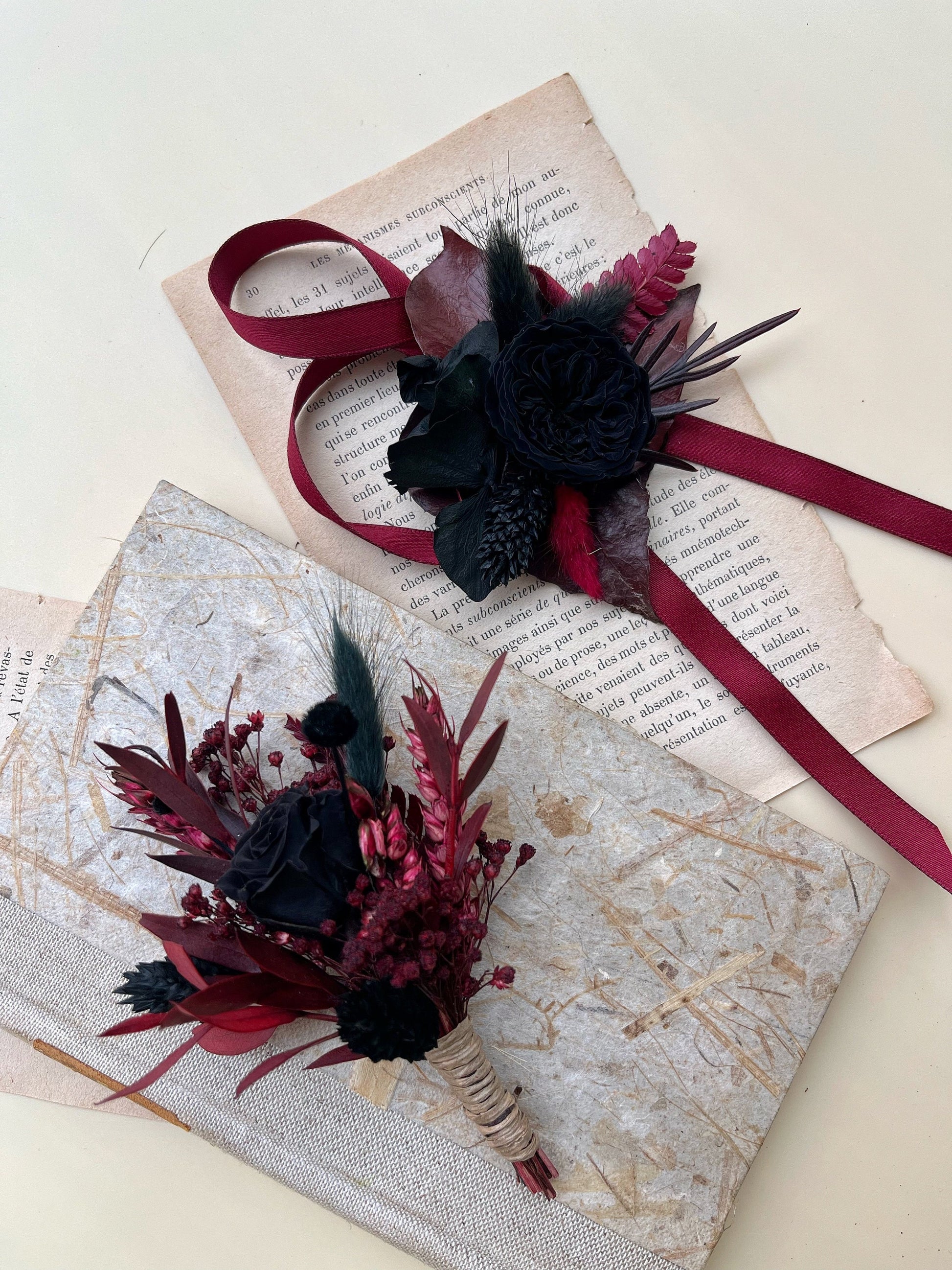 Black & Burgundy Dried Flower Cascade Bridal Bouquet - Boho Gothic Wedding
