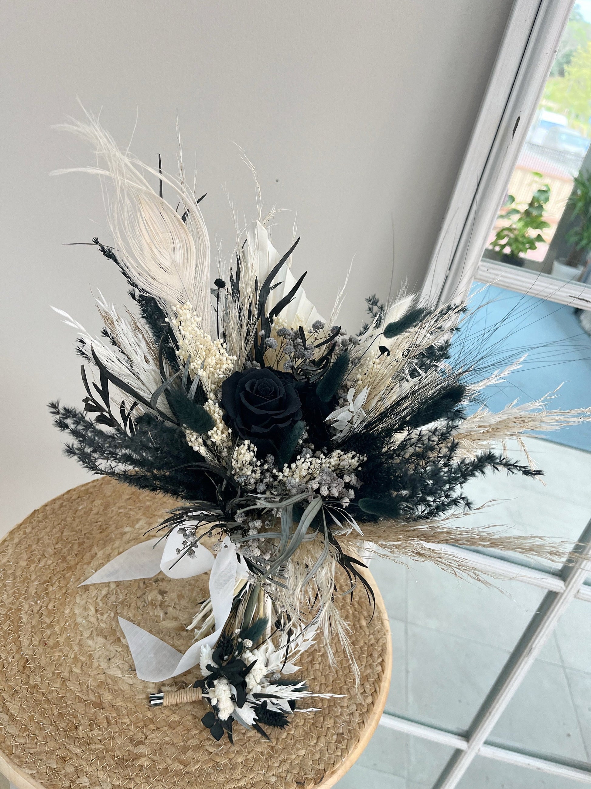Black & White Wedding Bouquet – Gothic Dried Flower Bridal Bouquet