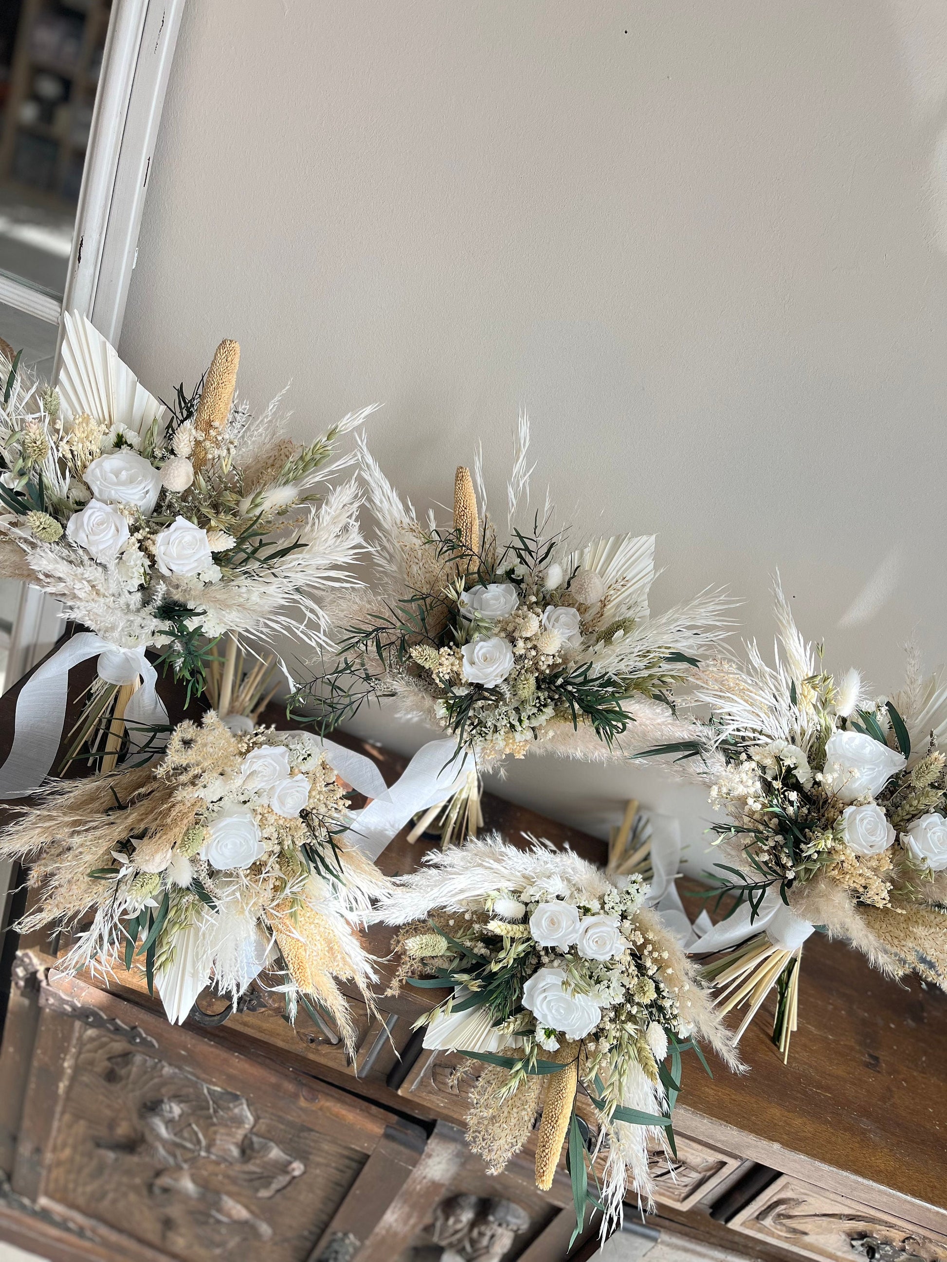 Eucalyptus & White Rose Bouquet - Boho Neutral Wedding Flowers