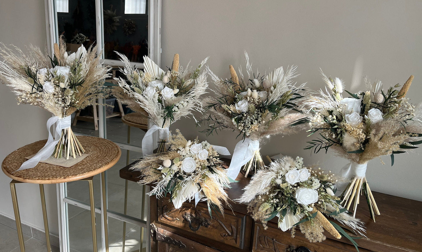 Eucalyptus & White Rose Bouquet - Boho Neutral Wedding Flowers