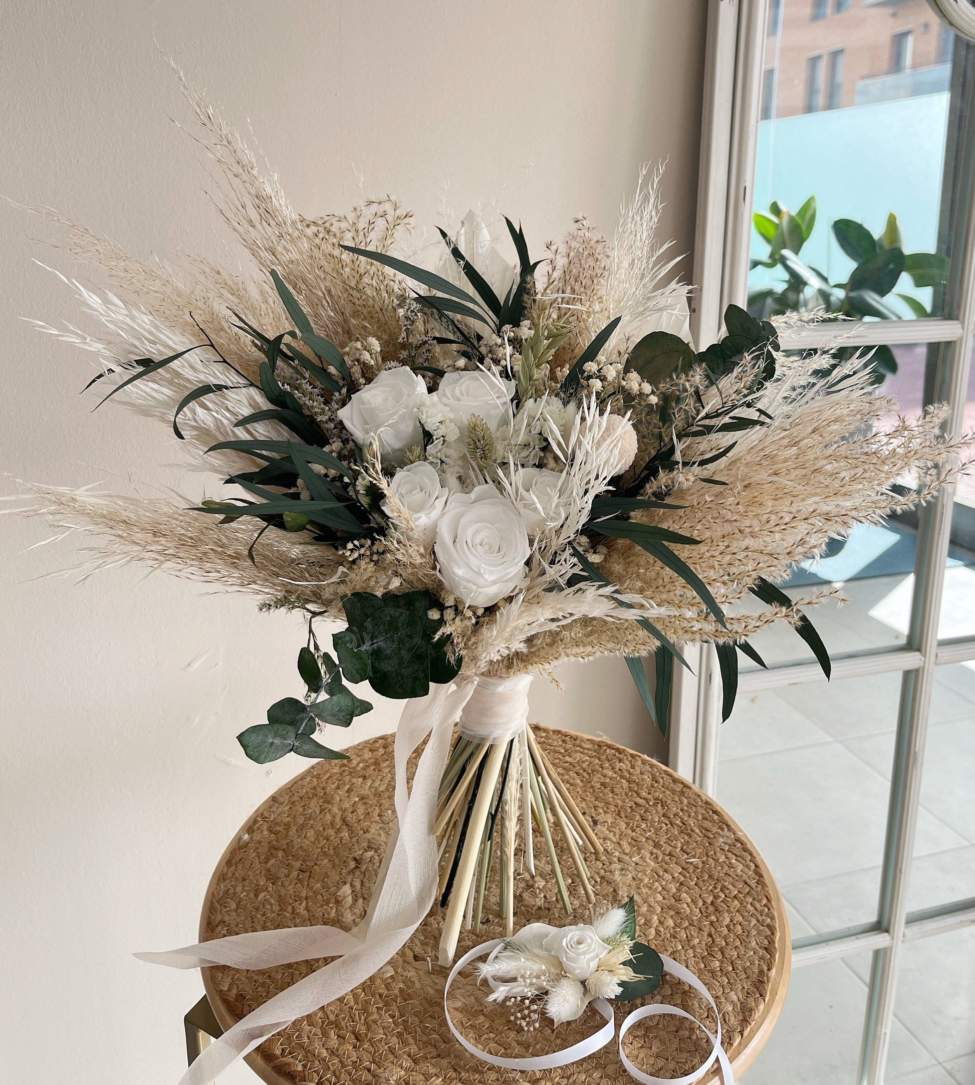 Eucalyptus & White Rose Bouquet - Boho Neutral Wedding Flowers