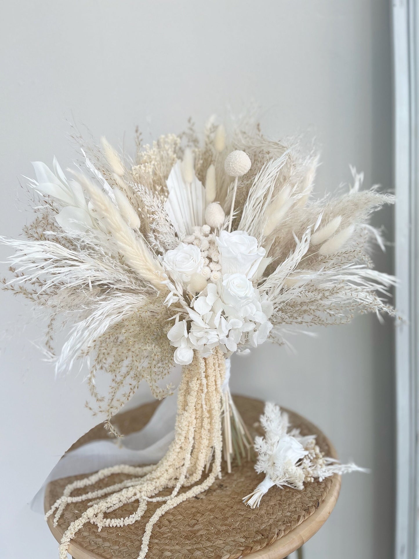 White Roses and Pampas Bridal Bouquet – Bohemian Cascading Wedding Flowers