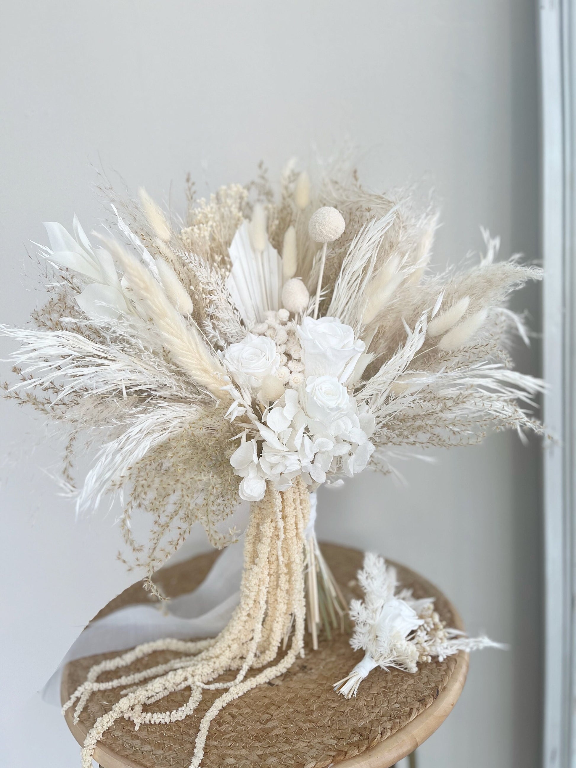 White Roses and Pampas Bridal Bouquet – Bohemian Cascading Wedding Flowers