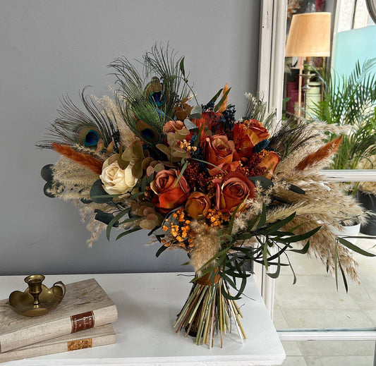 Orange Fall Wedding Bouquet with Peacock Feathers – Faux Flower Bridal Bouquet