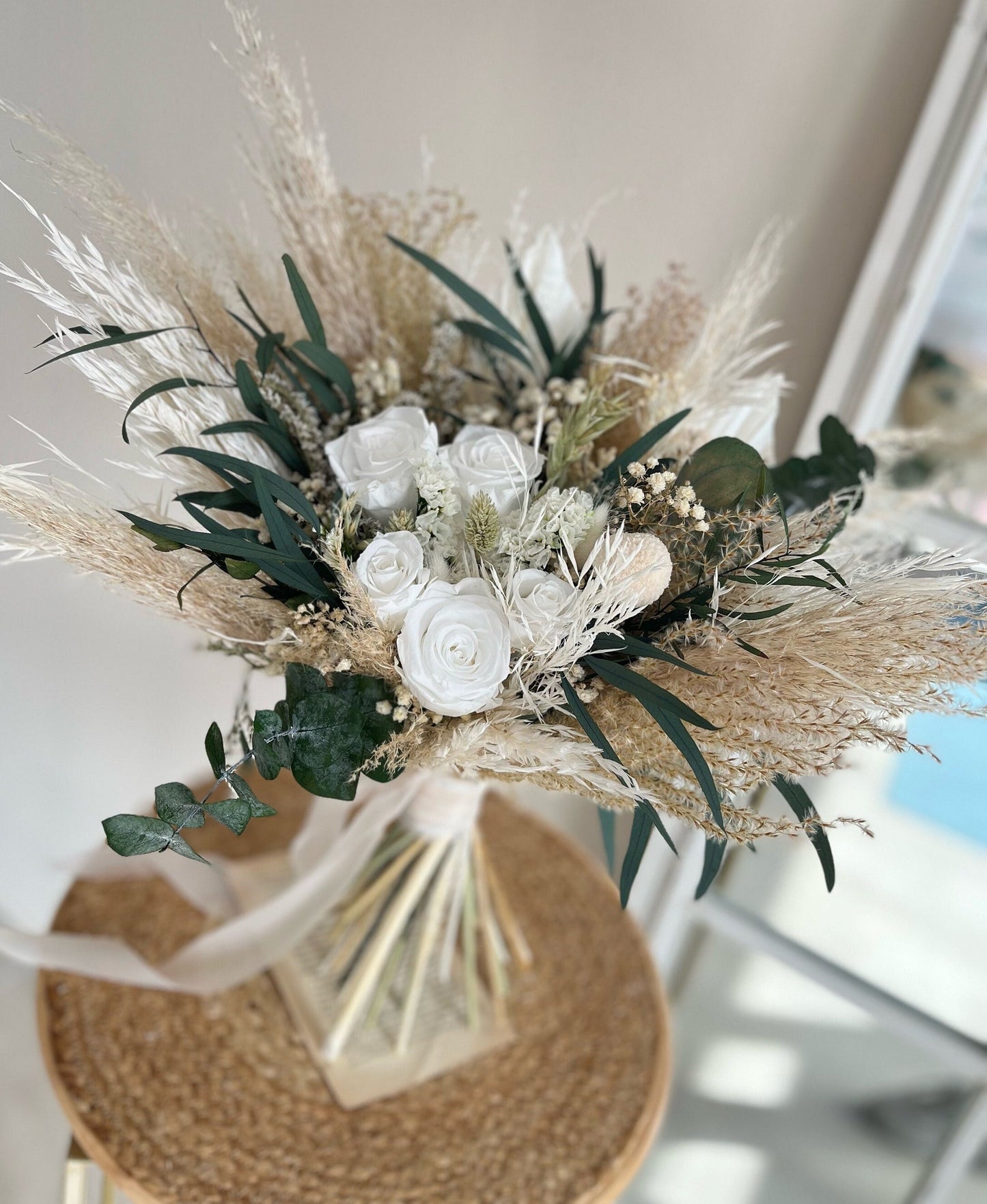 Eucalyptus & White Rose Bouquet - Boho Neutral Wedding Flowers