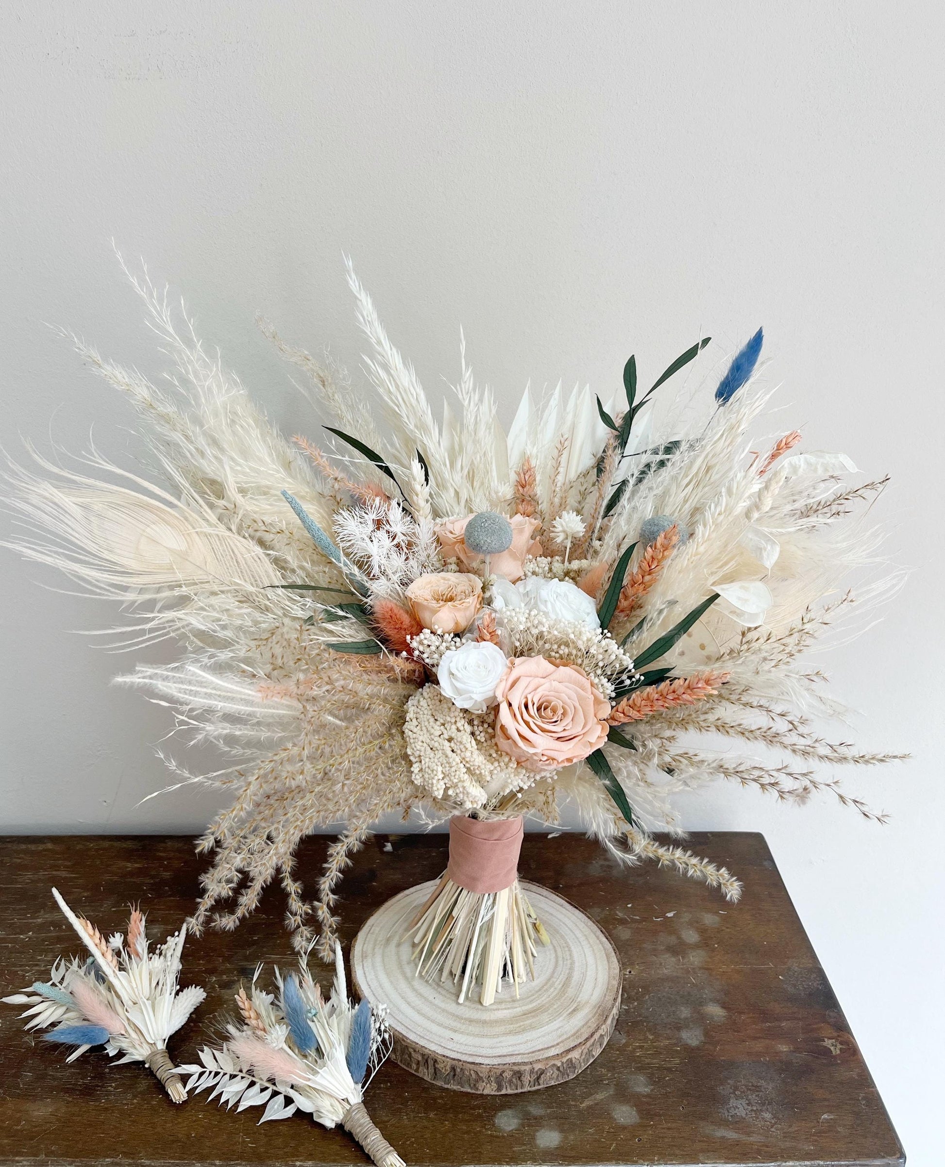 Peach Blue Wedding Bouquet for Bride Blush Bouquet Dusty Blue Wedding Flowers for Wedding Dried Flowers Bouquet Bohemian Wedding Flowers