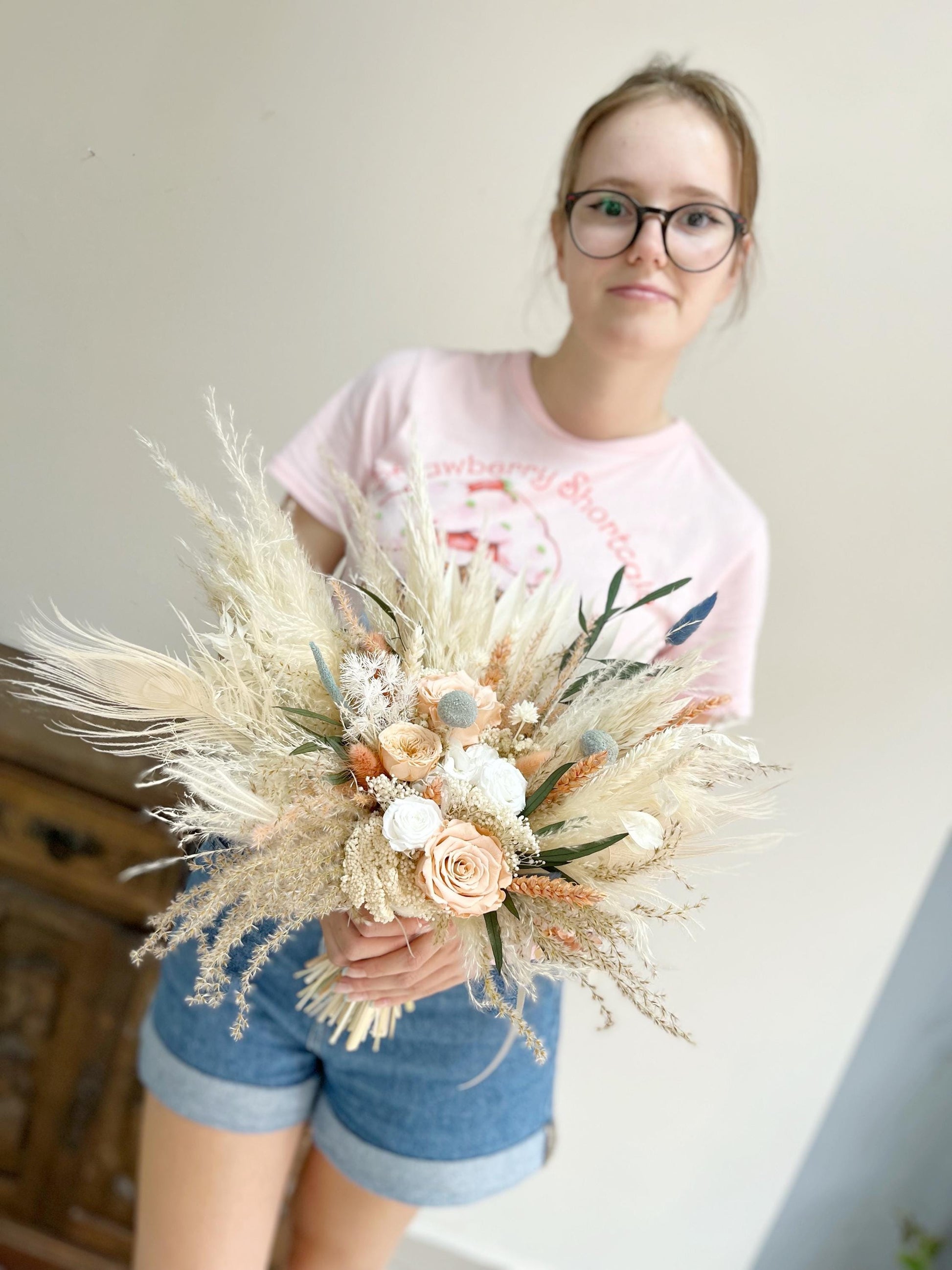 Peach Blue Wedding Bouquet for Bride Blush Bouquet Dusty Blue Wedding Flowers for Wedding Dried Flowers Bouquet Bohemian Wedding Flowers