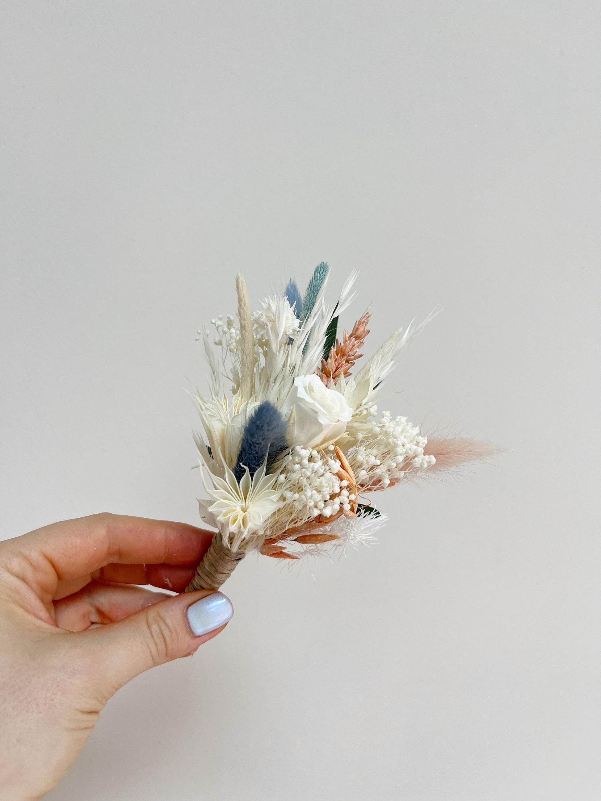 Peach Blue Wedding Bouquet for Bride Blush Bouquet Dusty Blue Wedding Flowers for Wedding Dried Flowers Bouquet Bohemian Wedding Flowers