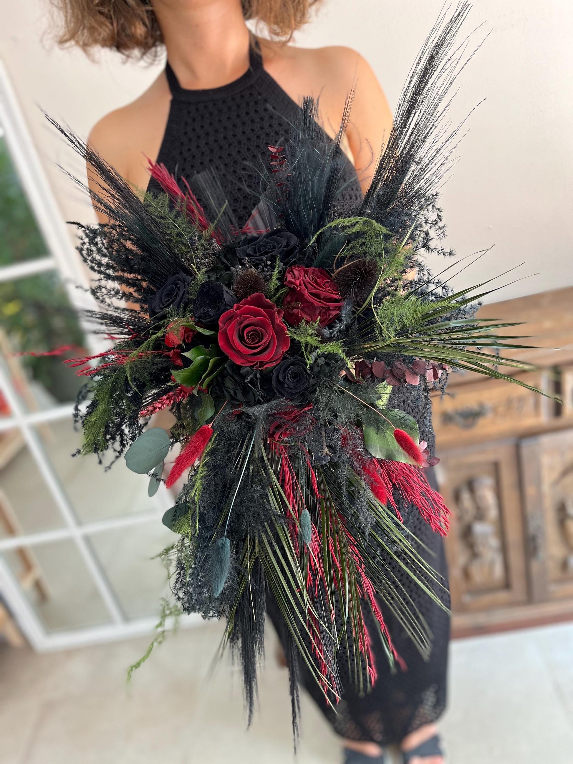 Cascade Wedding Bouquet Boho Black Bridal Bouquet Goth Wedding Cascading Bouquet Burgundy Black Green Bouquet Gothic Wedding Gothic Bride