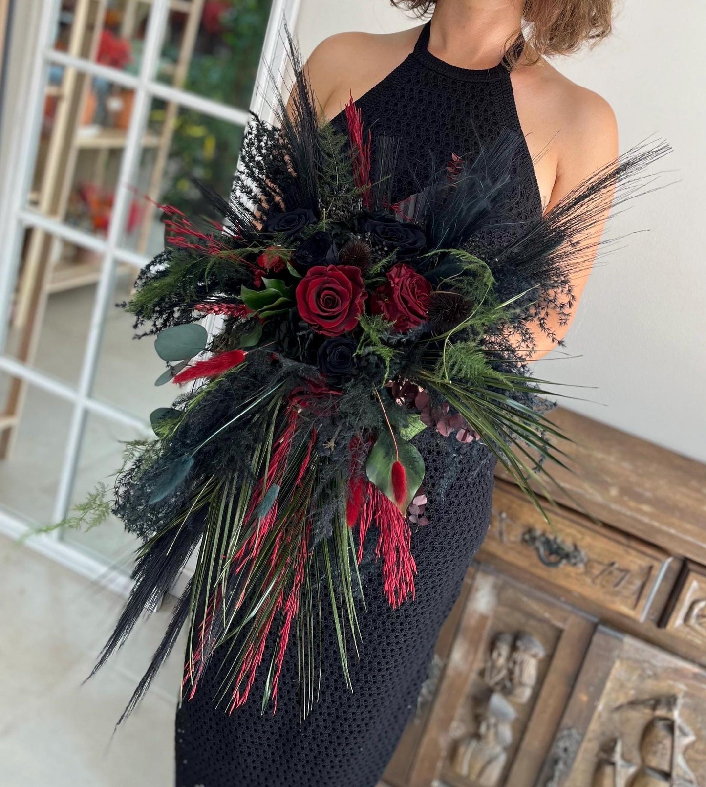 Cascade Wedding Bouquet Boho Black Bridal Bouquet Goth Wedding Cascading Bouquet Burgundy Black Green Bouquet Gothic Wedding Gothic Bride