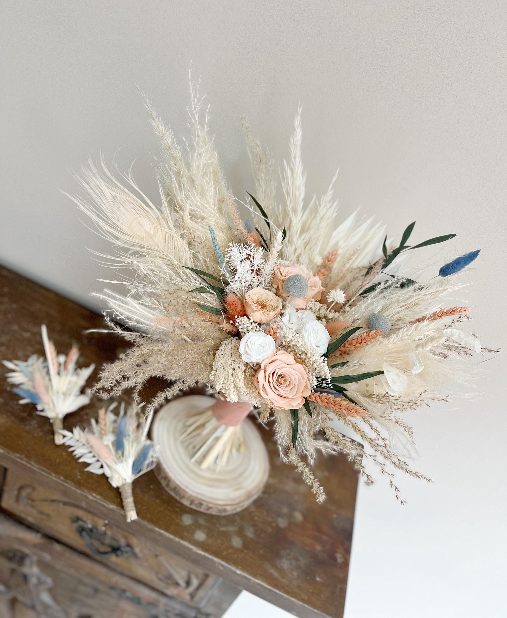 Peach Blue Wedding Bouquet for Bride Blush Bouquet Dusty Blue Wedding Flowers for Wedding Dried Flowers Bouquet Bohemian Wedding Flowers