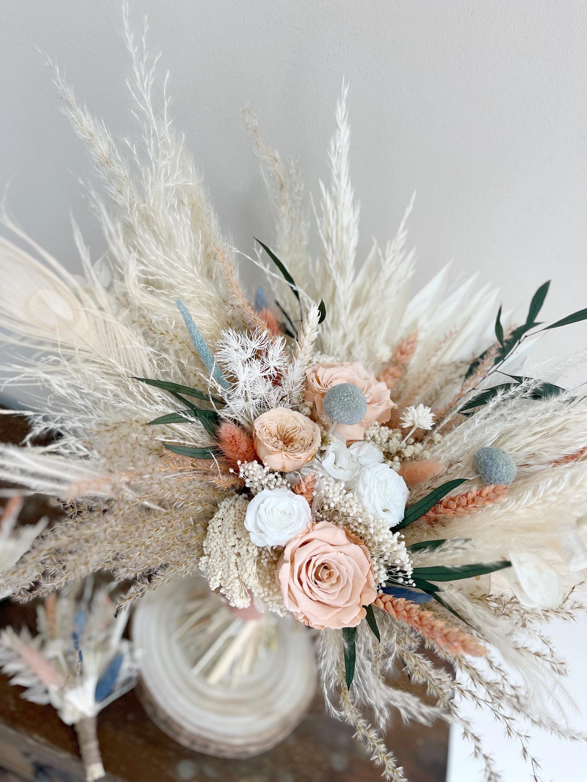 Peach Blue Wedding Bouquet for Bride Blush Bouquet Dusty Blue Wedding Flowers for Wedding Dried Flowers Bouquet Bohemian Wedding Flowers