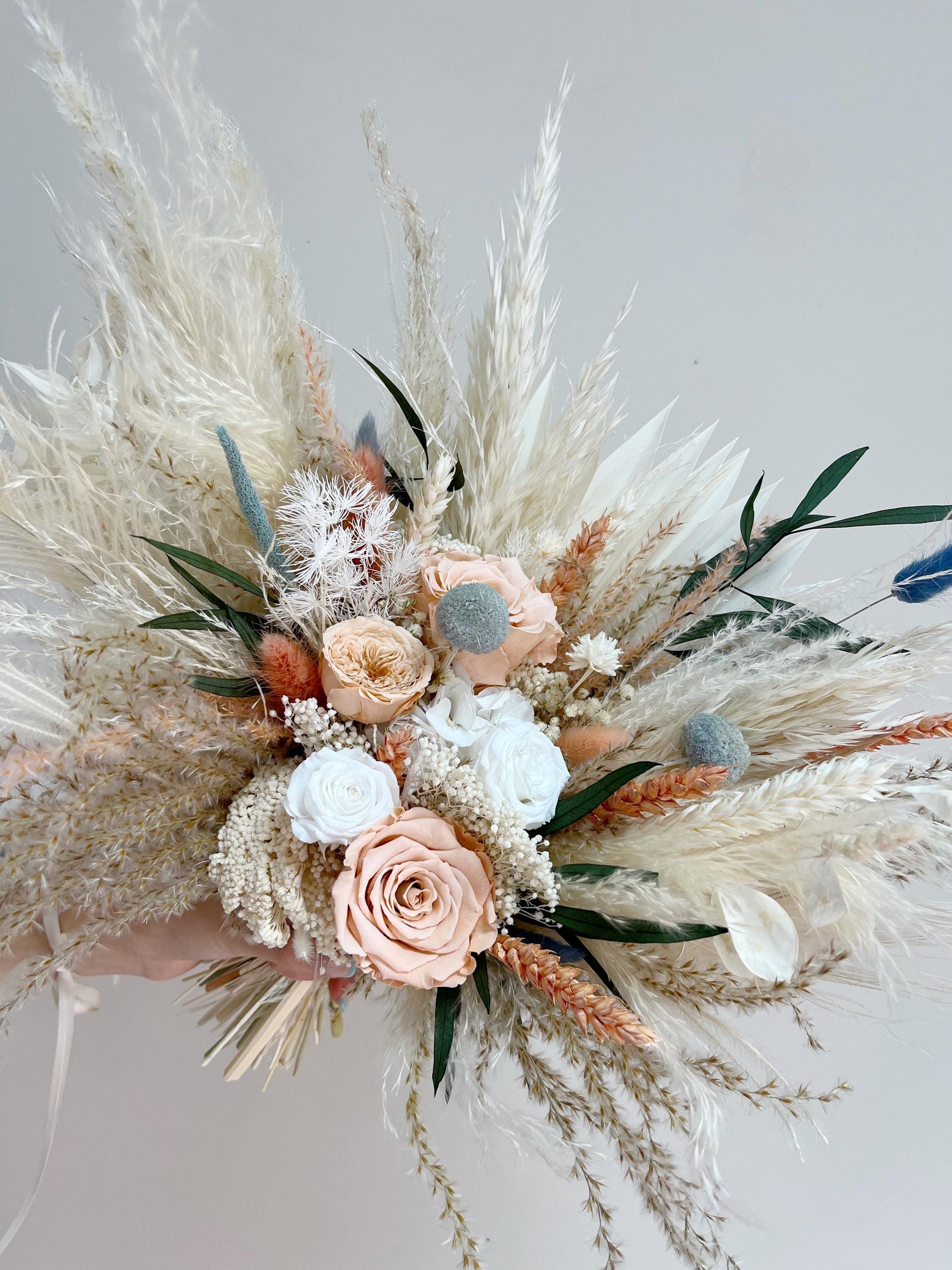 Peach Blue Wedding Bouquet for Bride Blush Bouquet Dusty Blue Wedding Flowers for Wedding Dried Flowers Bouquet Bohemian Wedding Flowers