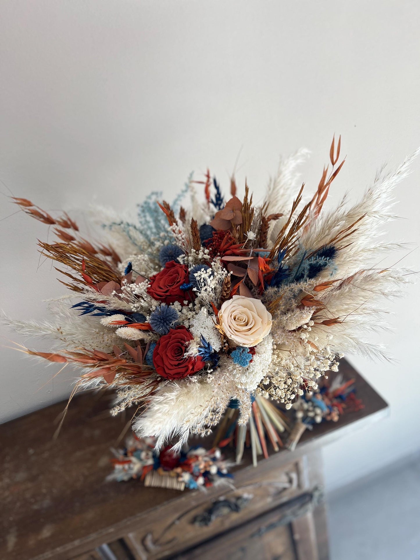 Rust Navy Blue Bouquet Burnt Orange Bridal Bouquet Terracotta Navy Blue Wedding Bouquet Dried Flowers Bouquet Rust Wedding Bouquet Navy Blue