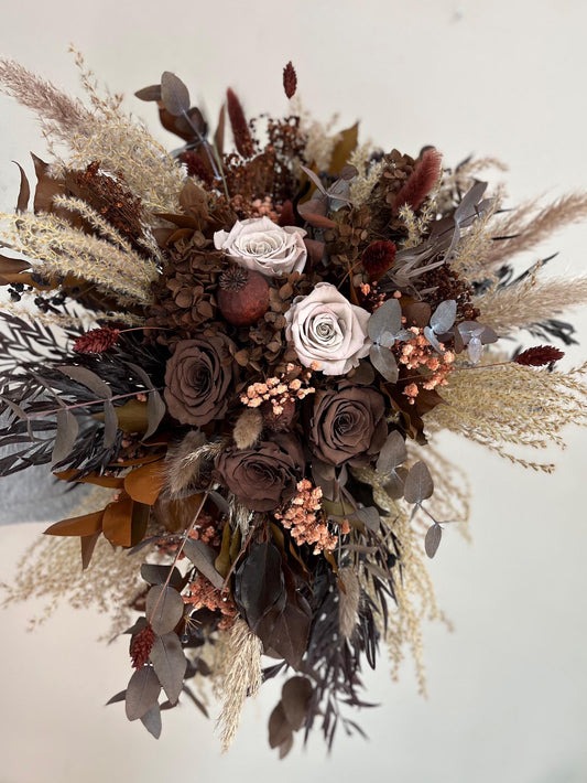 Cascade Wedding Bouquet Boho Mocco Bridal Bouquet Dried Flowers Cascading Bouquet for Bride Boho Bouquet Gothic Wedding Brown Flowers Boho