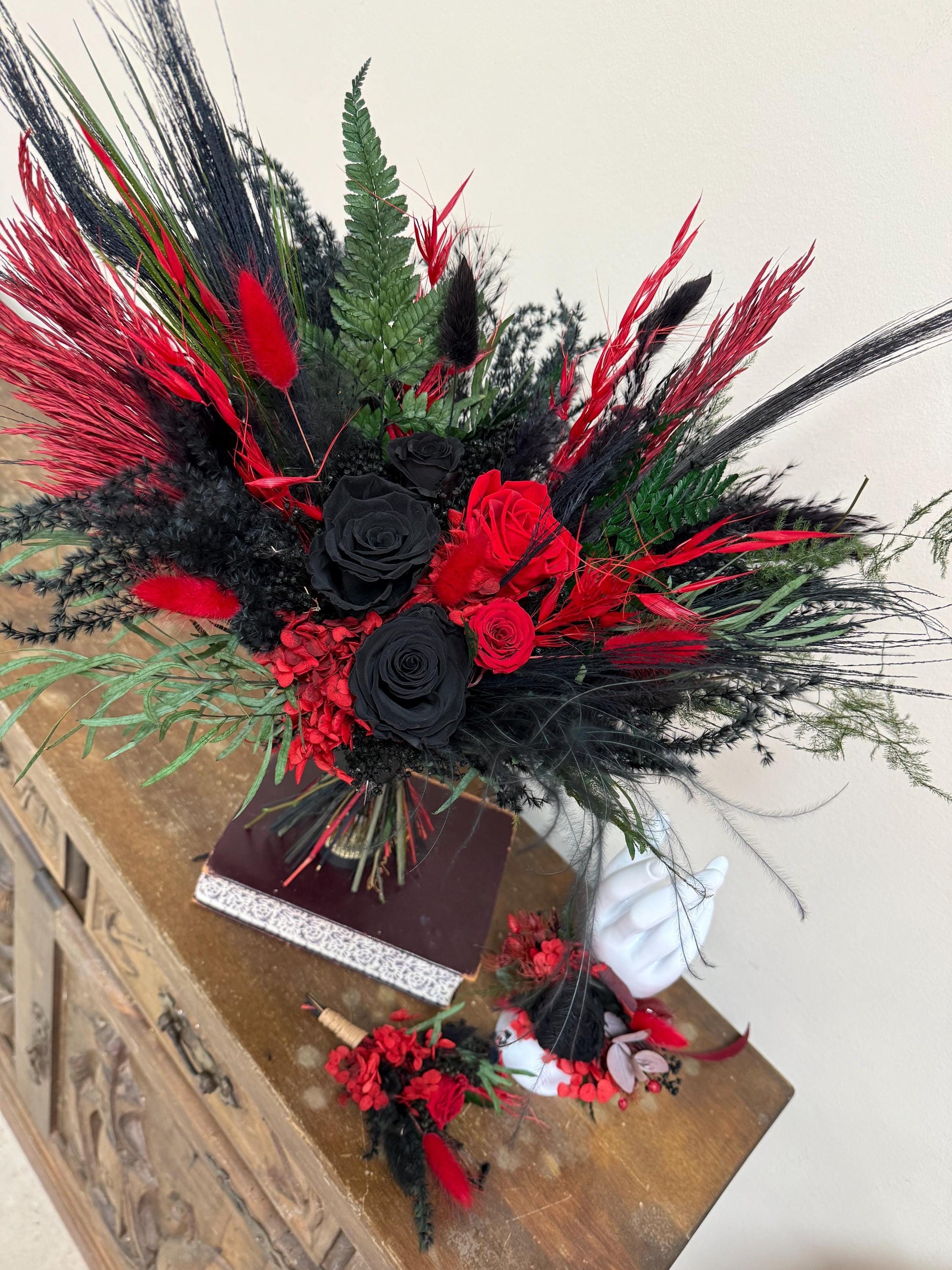Burgundy & Black Gothic Wedding Bouquet, Preserved Roses