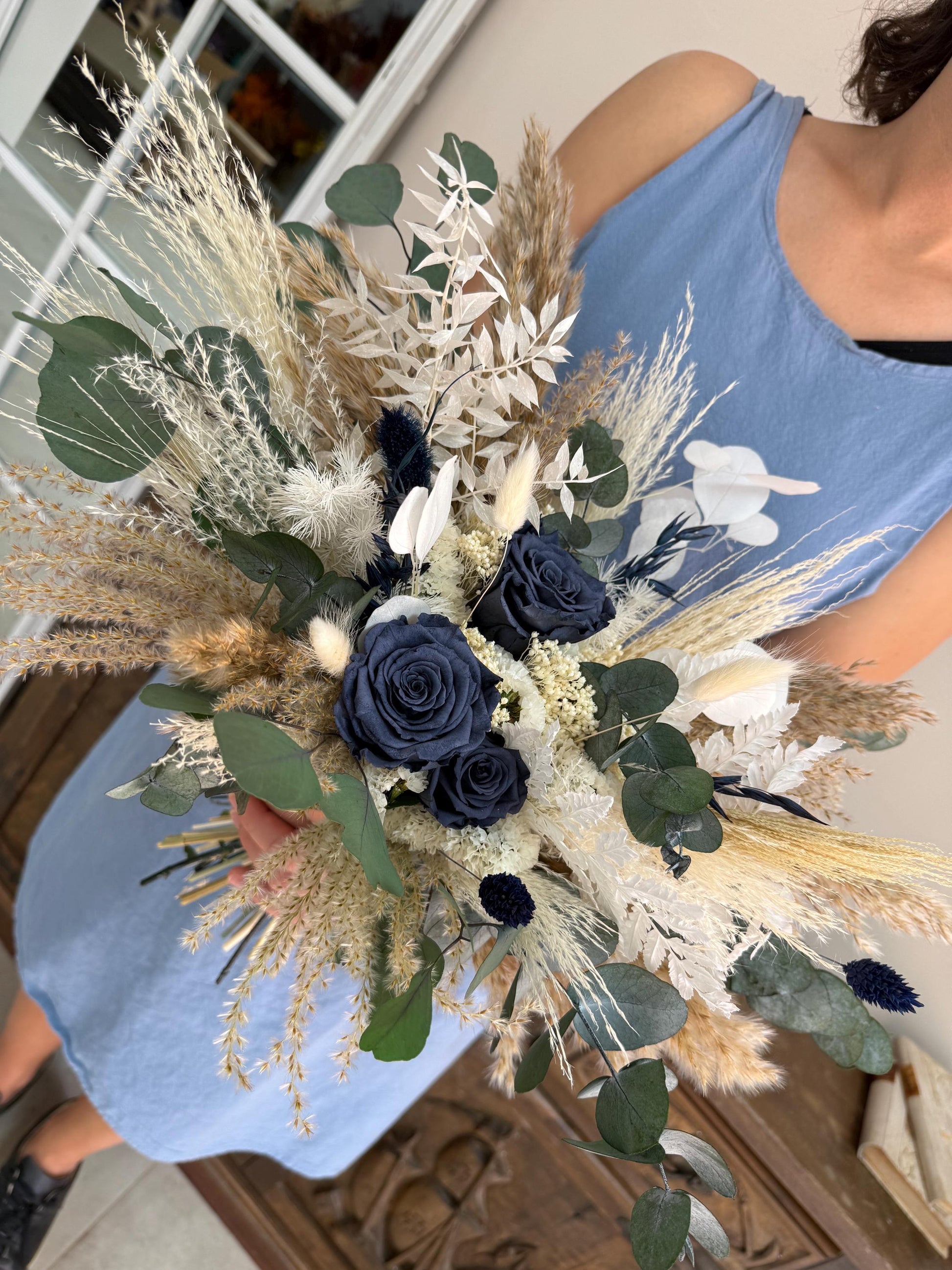 Navy Blue Bridal Bouquet Dusty Blue Dried Flower Wedding Bouquet Rustic Boho Bouquet Blue Bridesmaid Bouquet Dark Blue Wedding Boho Bouquet