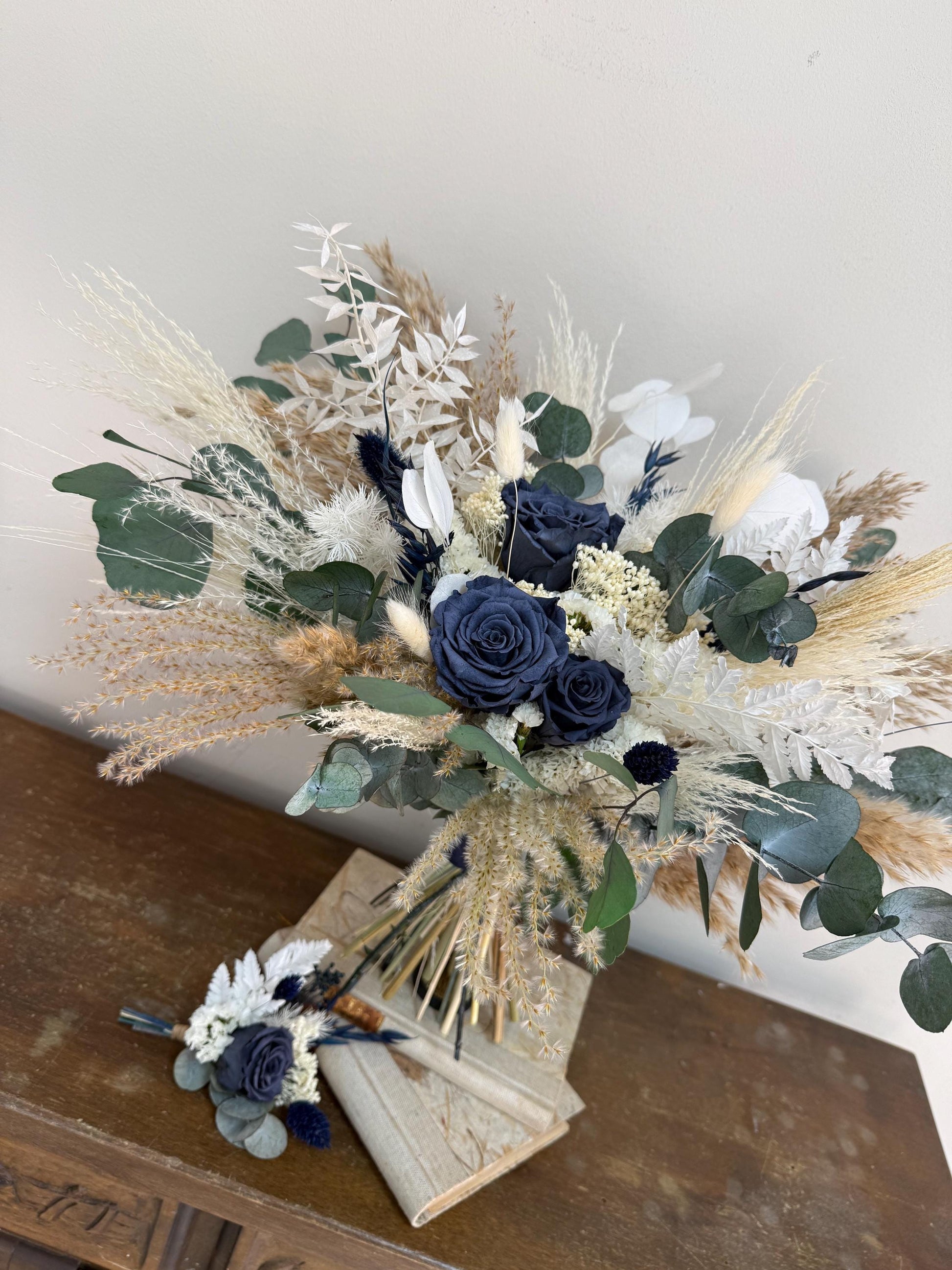 Navy Blue Bridal Bouquet Dusty Blue Dried Flower Wedding Bouquet Rustic Boho Bouquet Blue Bridesmaid Bouquet Dark Blue Wedding Boho Bouquet