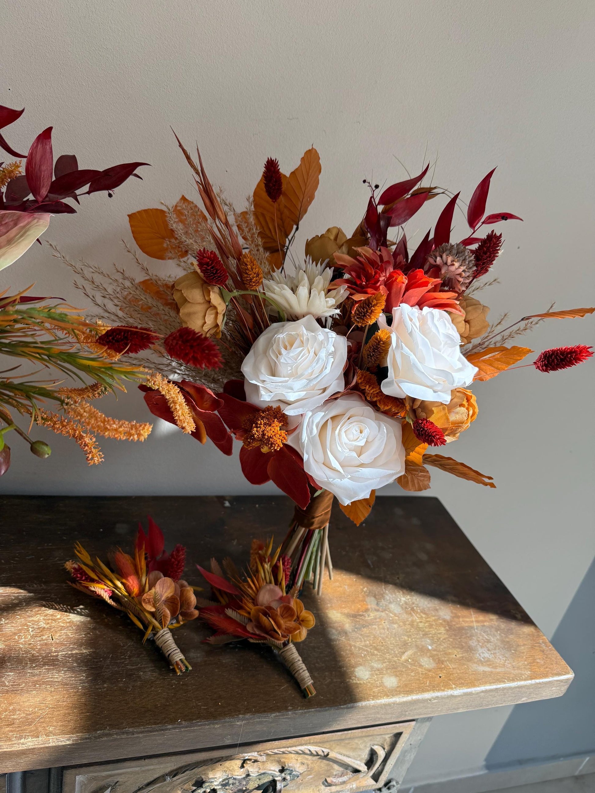 Rust Navy Blue Wedding Bouquet | Fall Terracotta Boho Bridal Bouquet | Silk Wedding Flowers | Rustic Burnt Orange Wedding Decor