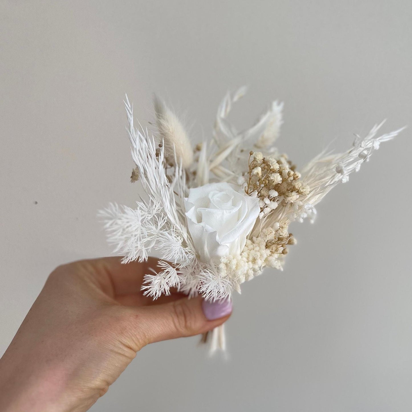 White Roses and Pampas Bridal Bouquet – Bohemian Cascading Wedding Flowers