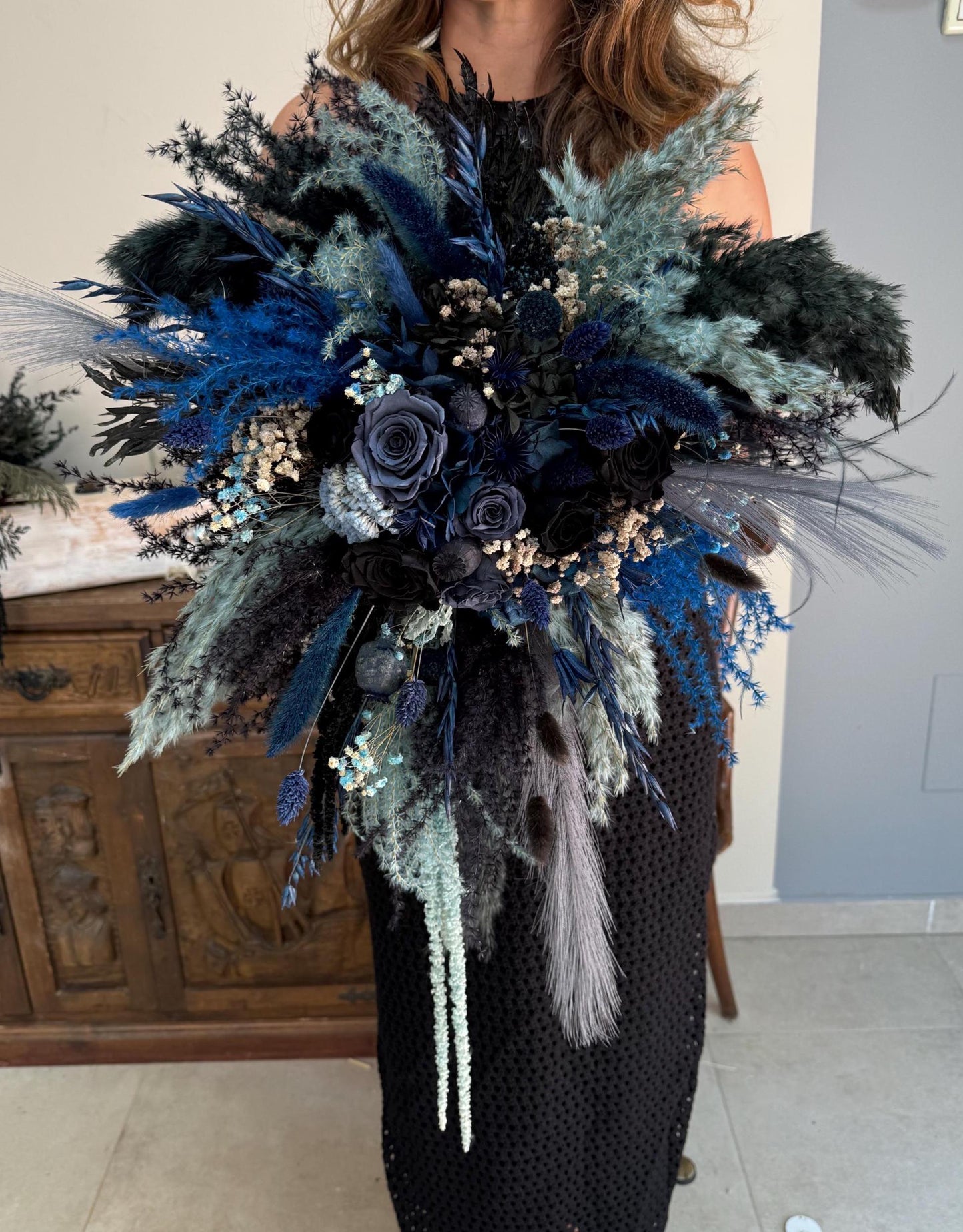 Dusty Blue Wedding Flowers, Corpse Bride Cascade Bouquet, Preserved Gothic Bridal Flower Bunch