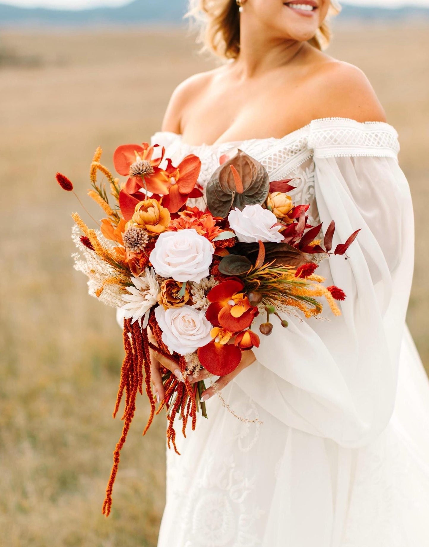 Rust Navy Blue Wedding Bouquet | Fall Terracotta Boho Bridal Bouquet | Silk Wedding Flowers | Rustic Burnt Orange Wedding Decor