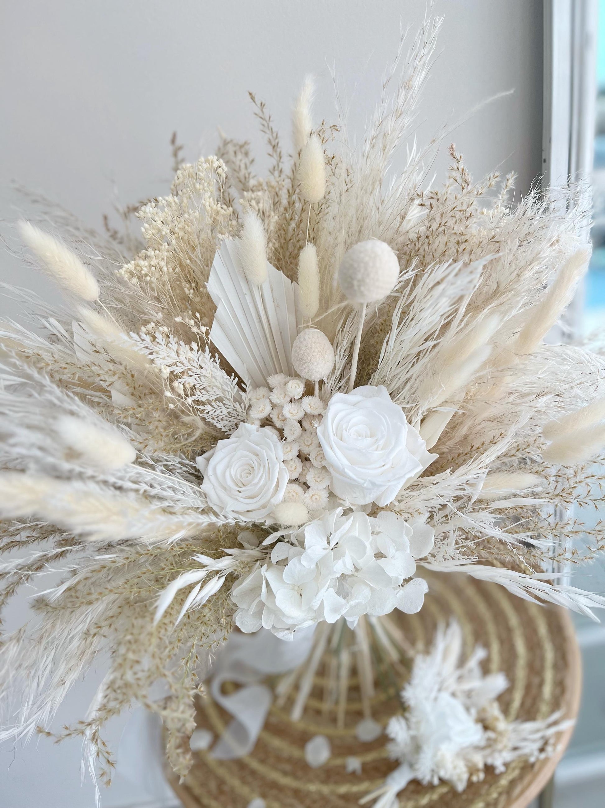 White Dried Flowers Bouquet with Preserved Roses | Natural Timeless Boho Bridal Arrangement