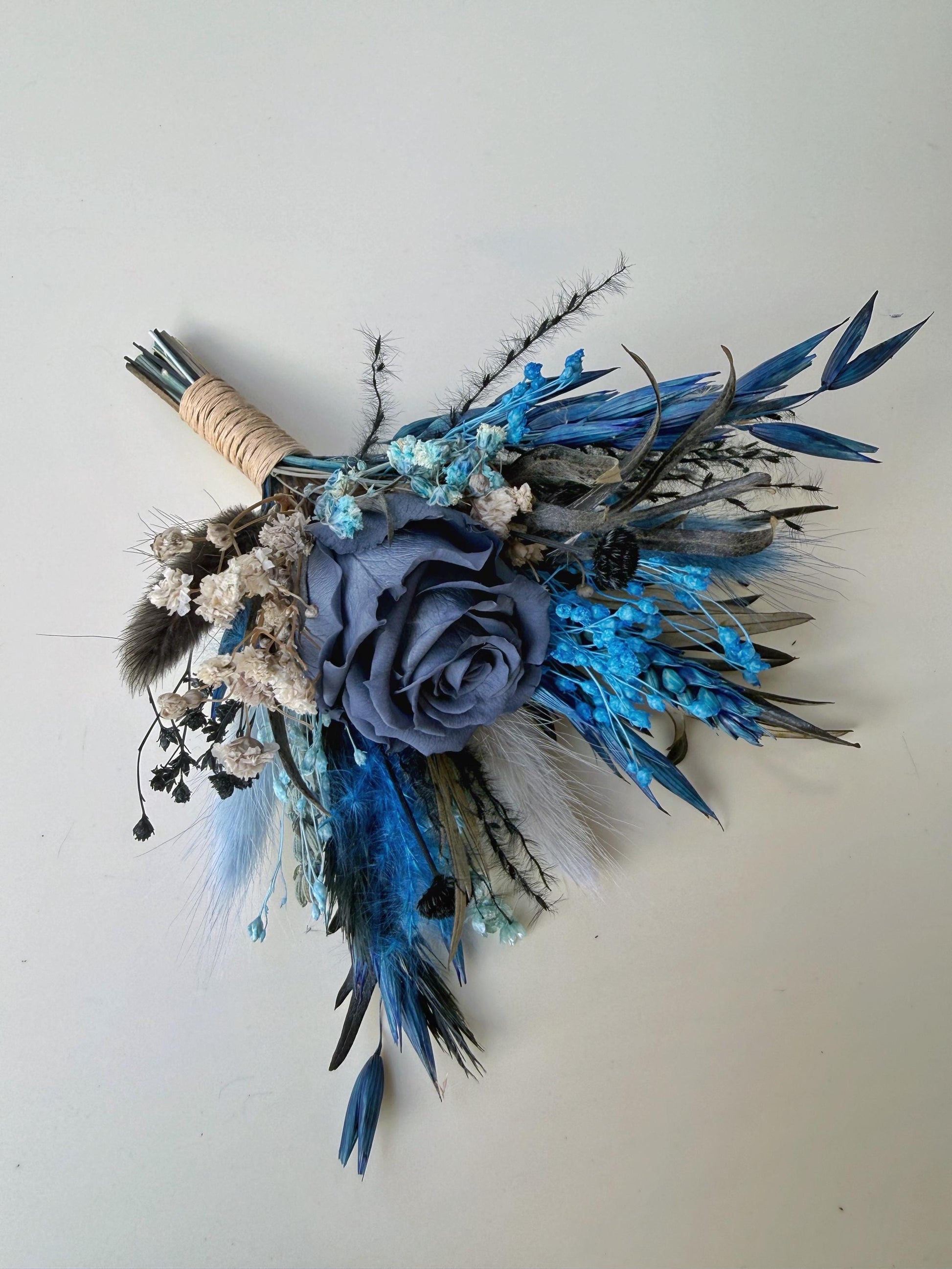 Dusty Blue Wedding Flowers, Corpse Bride Cascade Bouquet, Preserved Gothic Bridal Flower Bunch