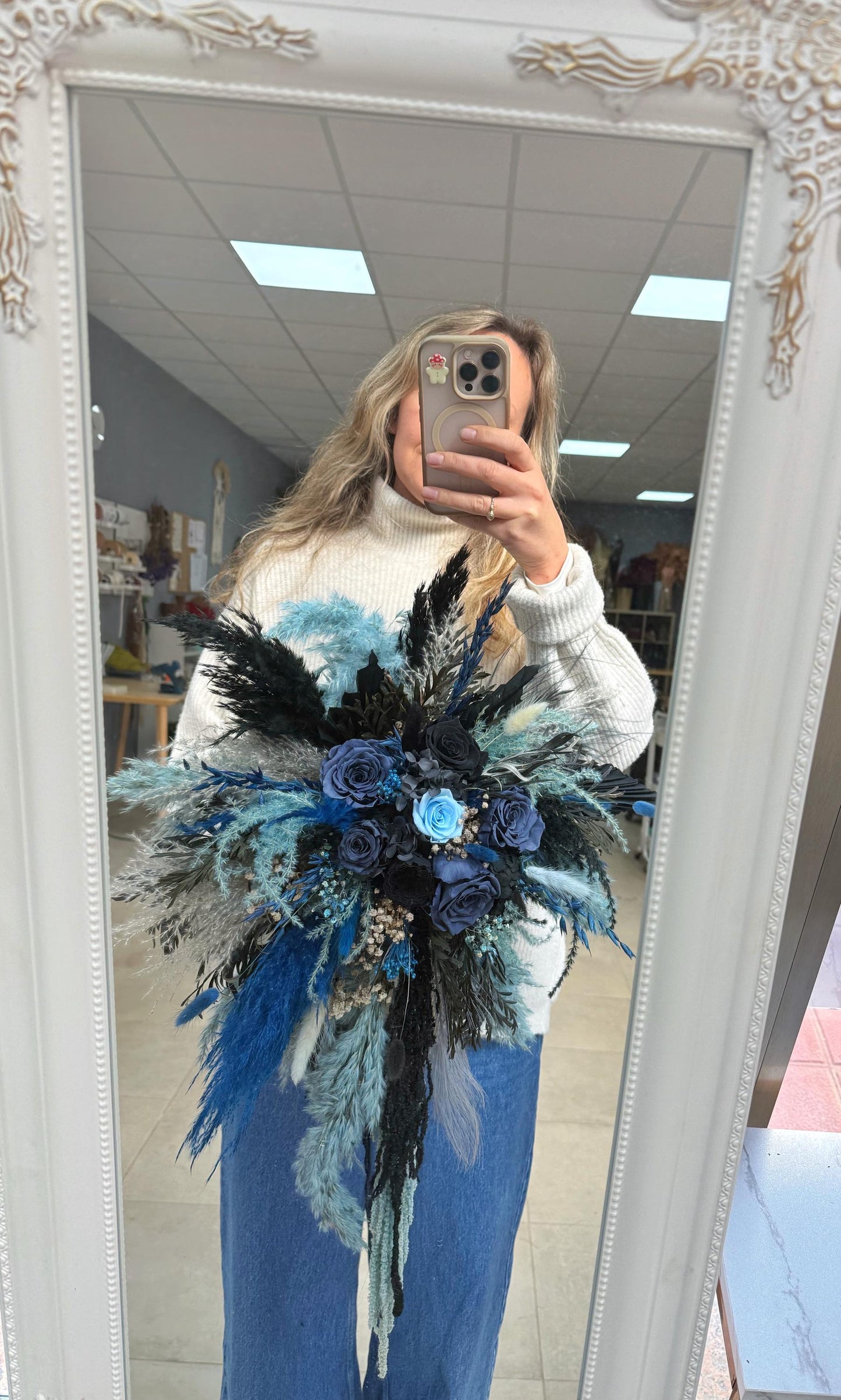 Dusty Blue Wedding Flowers, Corpse Bride Cascade Bouquet, Preserved Gothic Bridal Flower Bunch