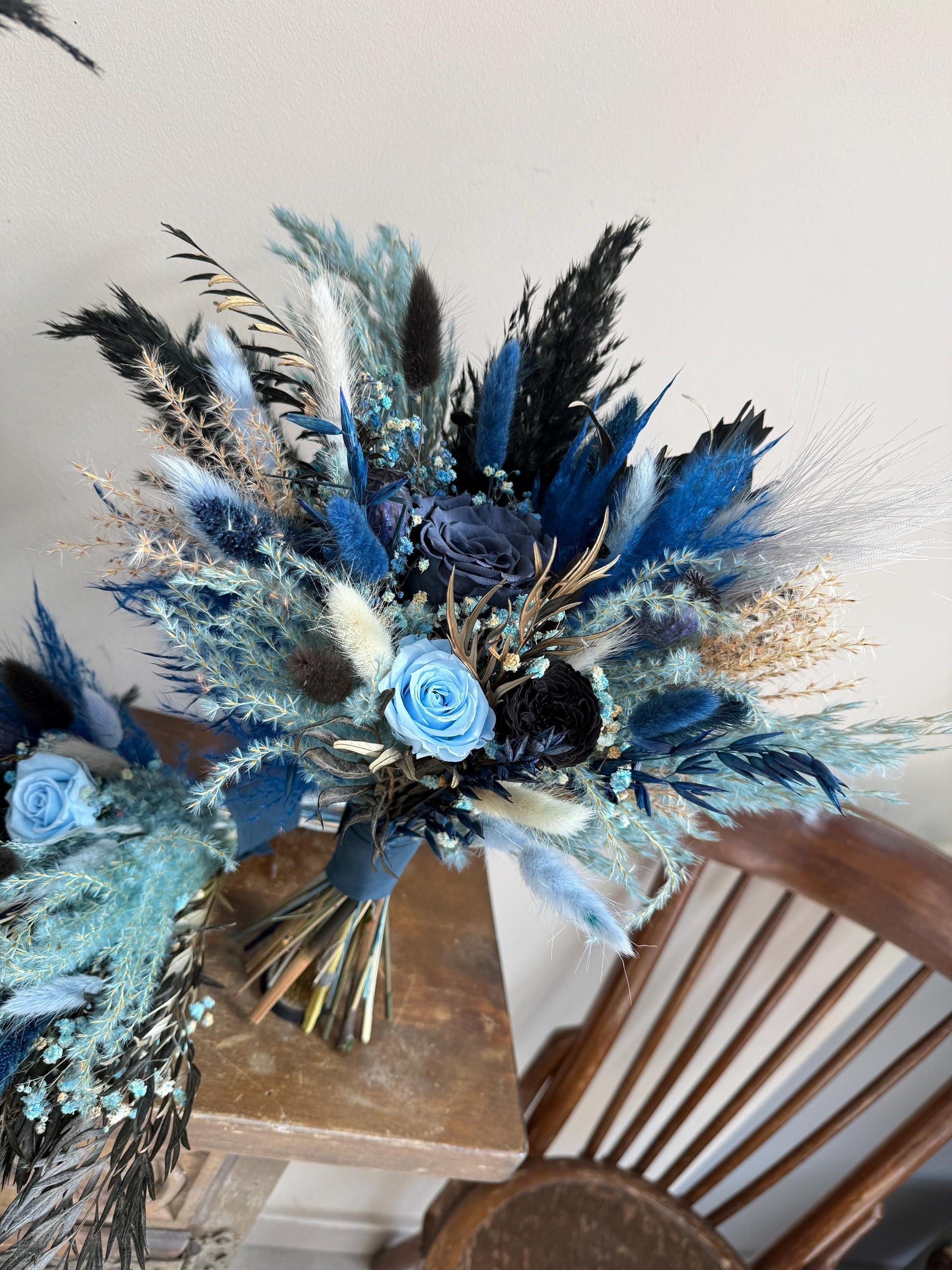 Dusty Blue Wedding Flowers, Corpse Bride Cascade Bouquet, Preserved Gothic Bridal Flower Bunch