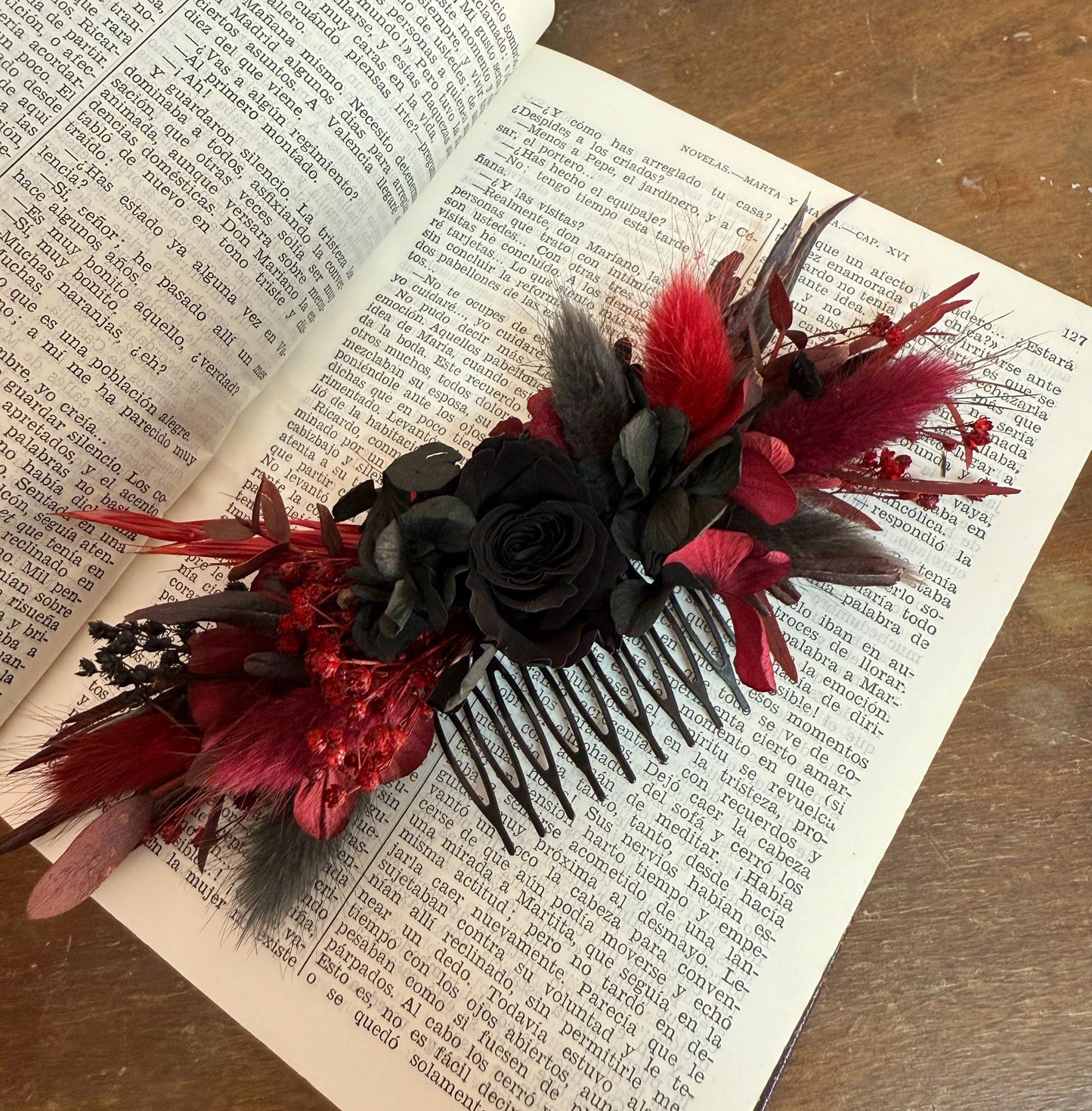Black & Burgundy Dried Flower Cascade Bridal Bouquet - Boho Gothic Wedding