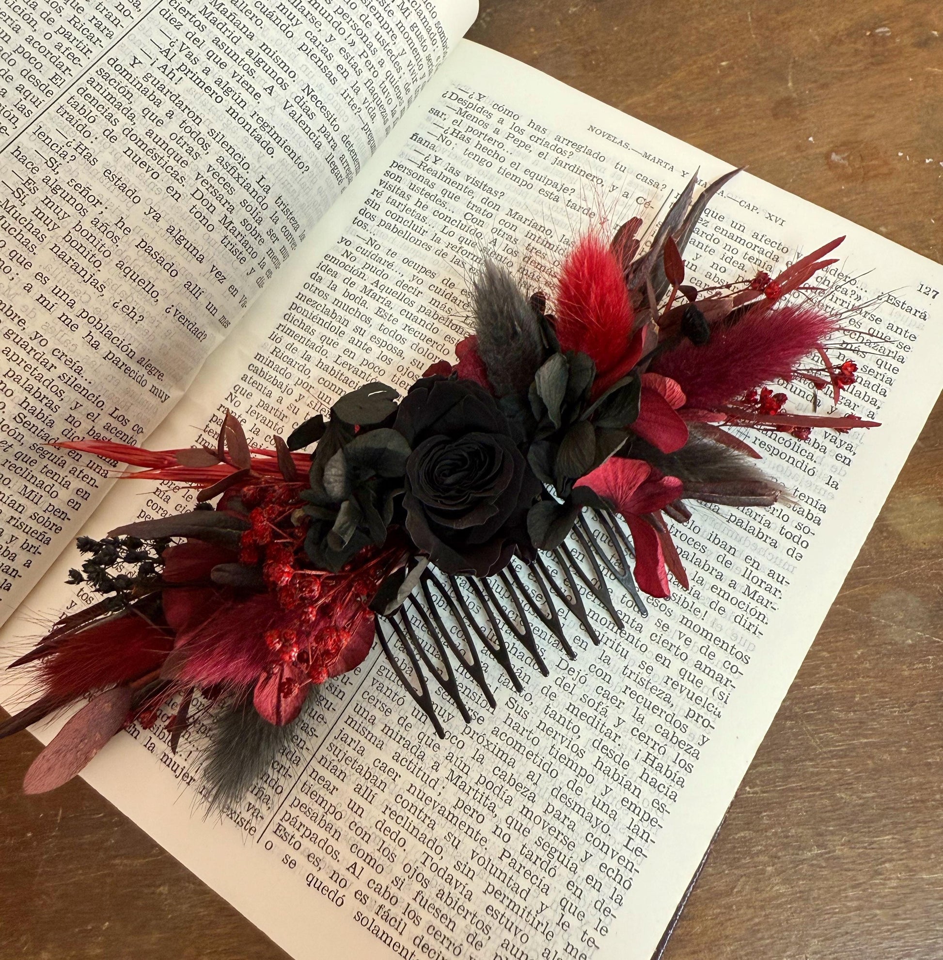 Black & Burgundy Dried Flower Cascade Bridal Bouquet - Boho Gothic Wedding