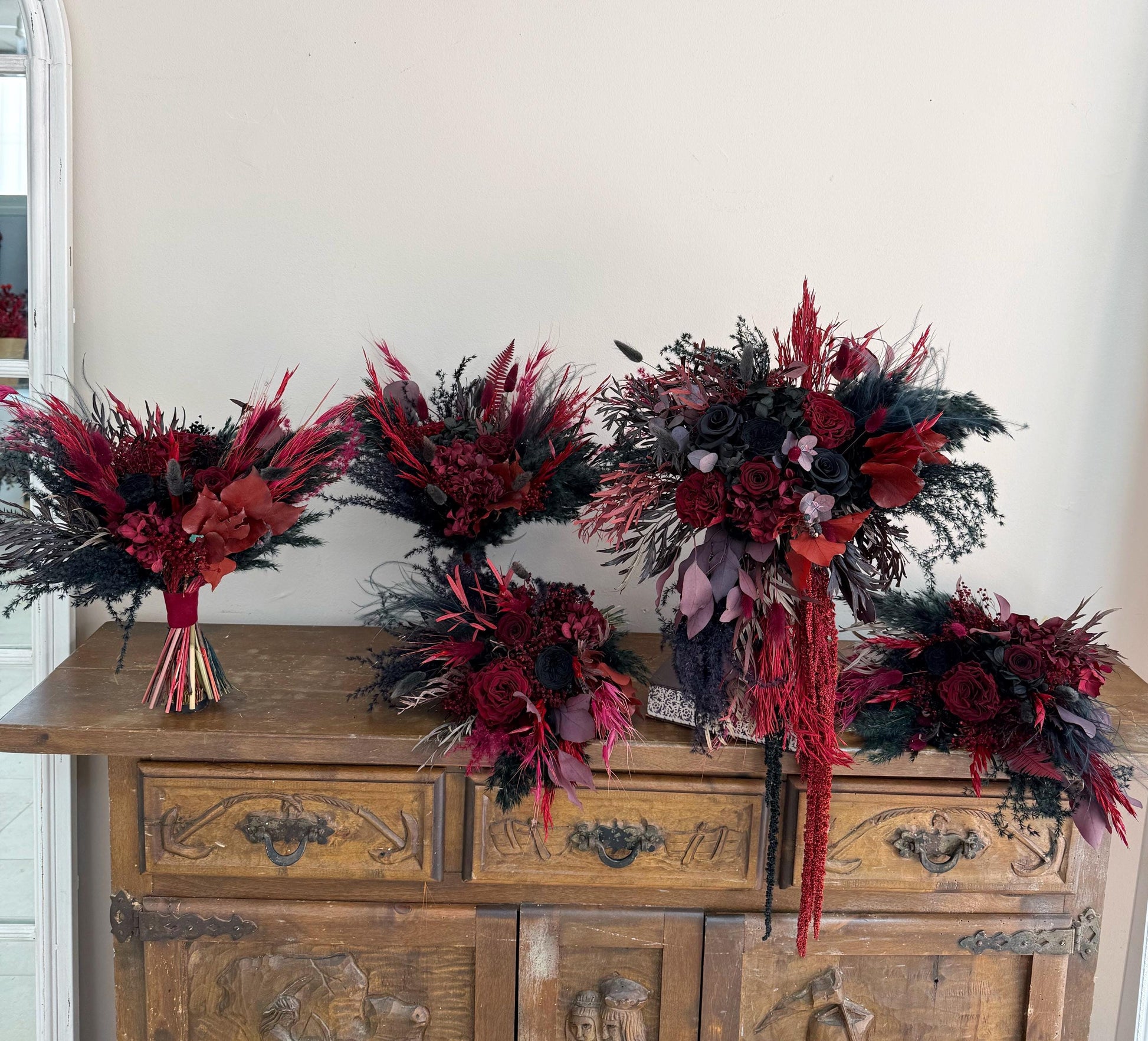 Black & Burgundy Dried Flower Cascade Bridal Bouquet - Boho Gothic Wedding