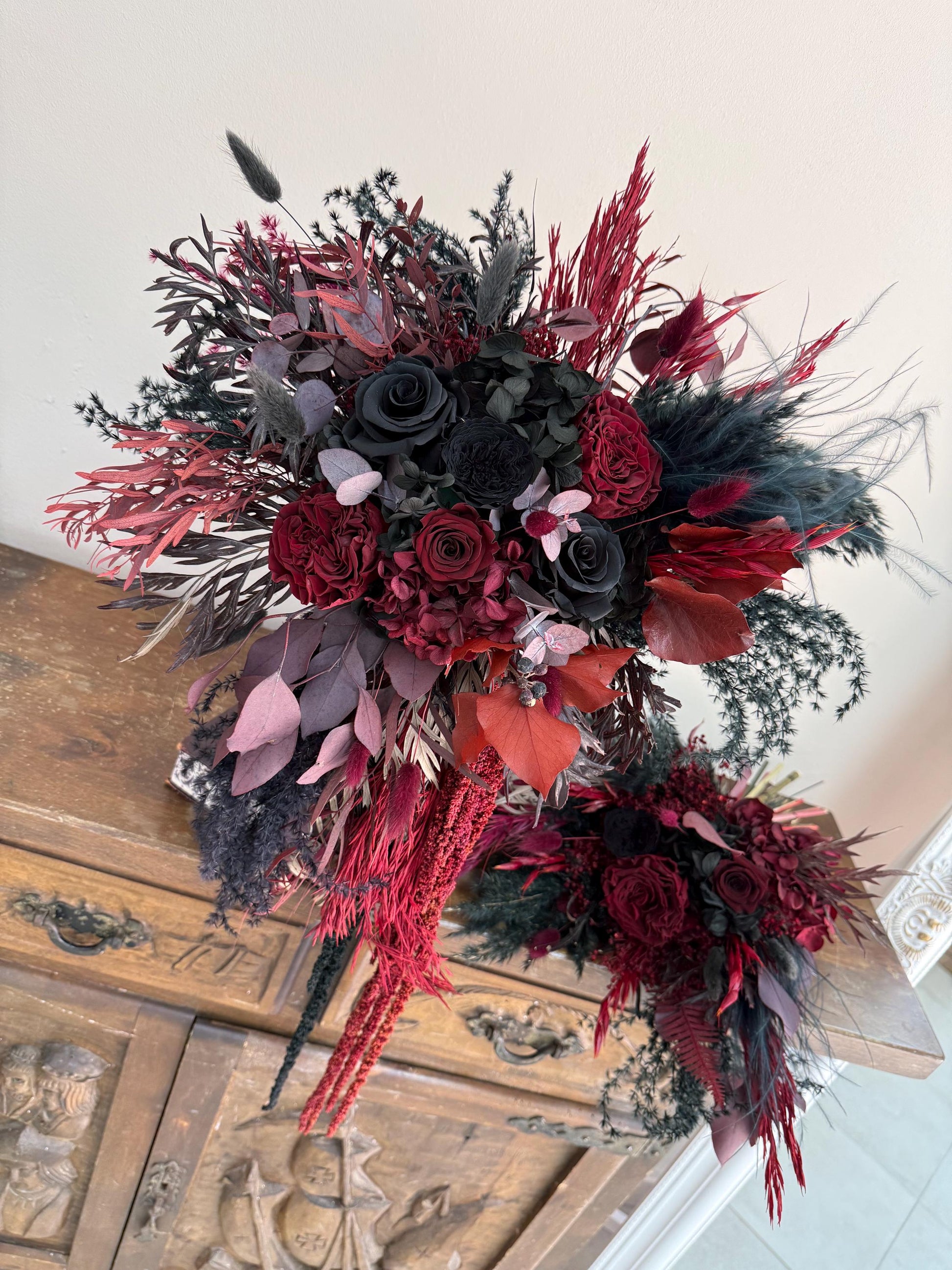 Black & Burgundy Dried Flower Cascade Bridal Bouquet - Boho Gothic Wedding