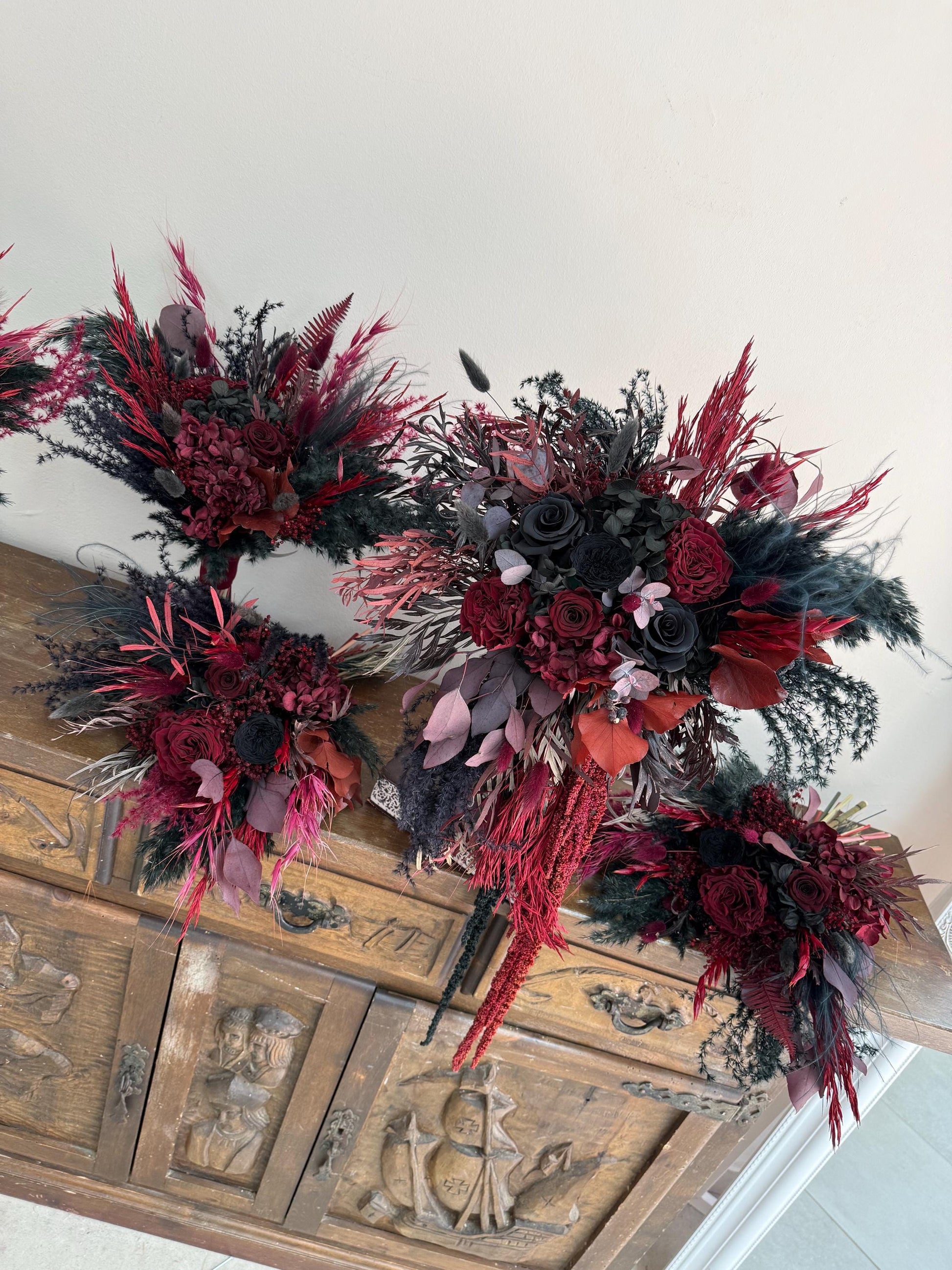 Black & Burgundy Dried Flower Cascade Bridal Bouquet - Boho Gothic Wedding