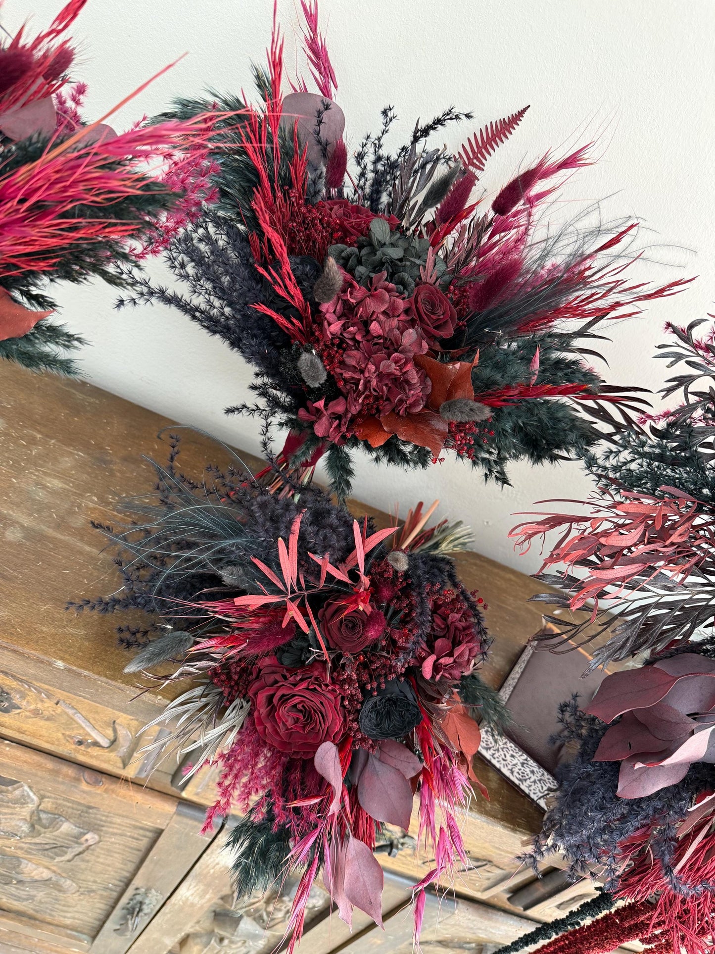 Black & Burgundy Dried Flower Cascade Bridal Bouquet - Boho Gothic Wedding