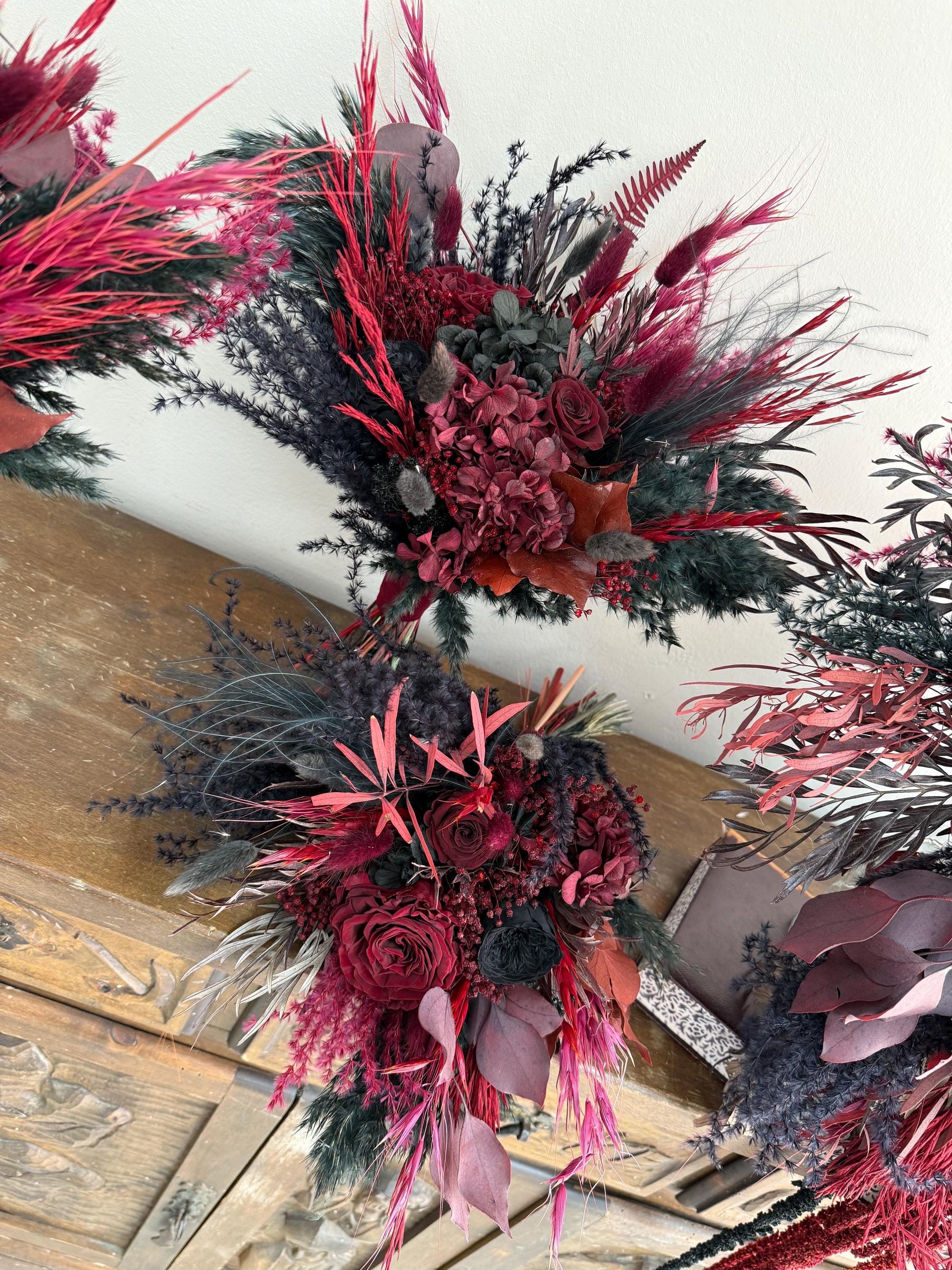 Black & Burgundy Dried Flower Cascade Bridal Bouquet - Boho Gothic Wedding