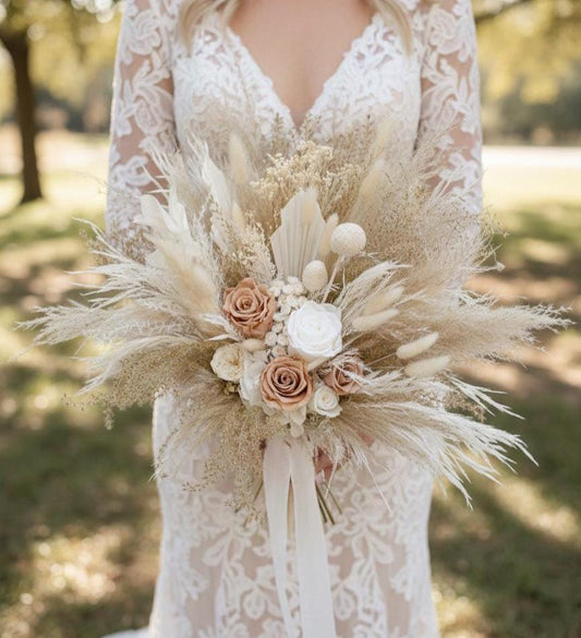 Neutral White Boho Wedding Bouquet – Tan Roses Bridal Flowers