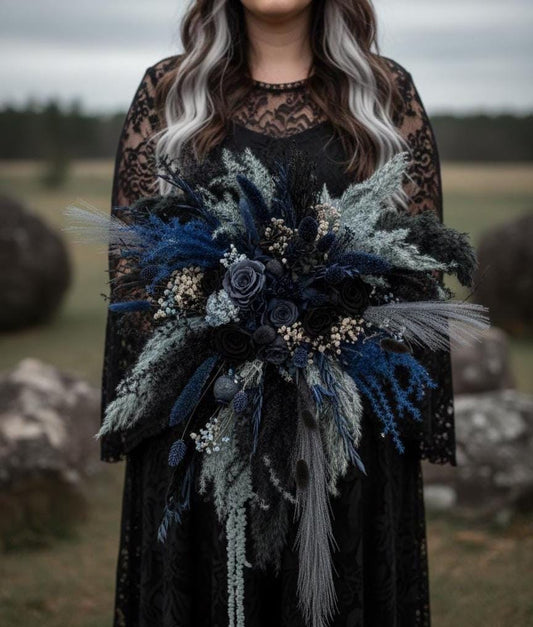 Blue Wedding Flowers | Dusty Blue Bridal Cascade Bouquet