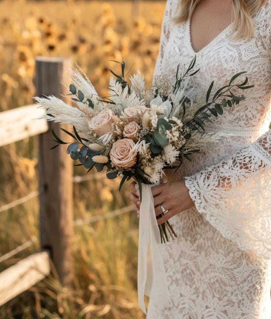 Peach Bridal Bouquet | Dried Boho Wedding Flowers Salmon Rose