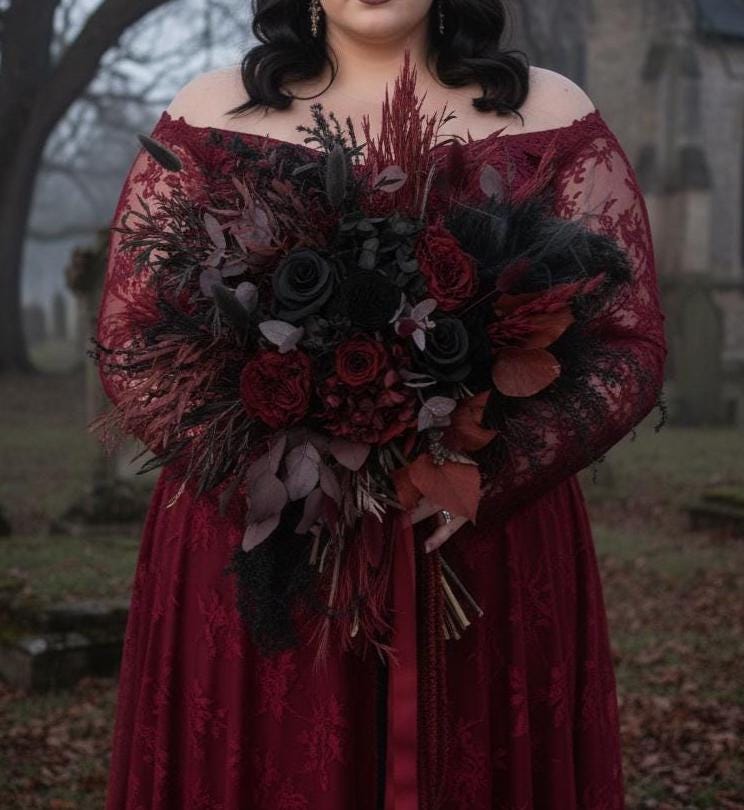 Black & Burgundy Dried Flower Cascade Bridal Bouquet - Boho Gothic Wedding