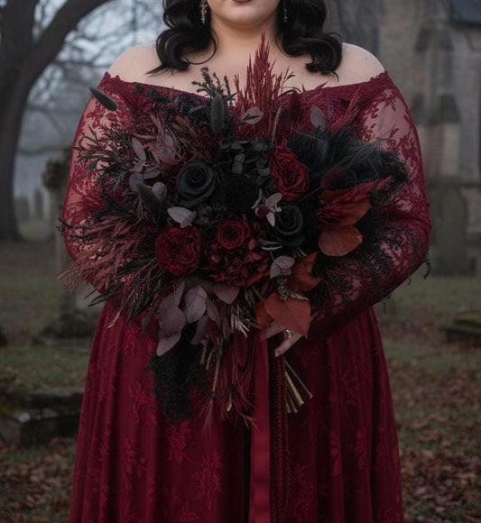Black & Burgundy Dried Flower Cascade Bridal Bouquet - Boho Gothic Wedding