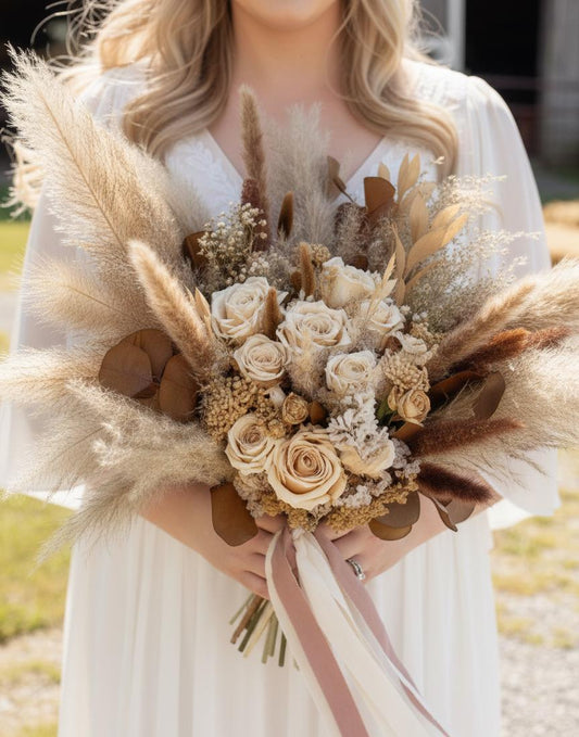 Boho Wedding Bouquet Beige & Maroon | Neutral Bridal Flowers