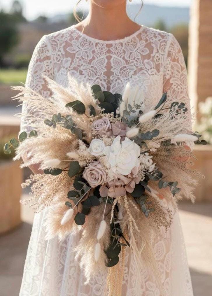 Cascade Wedding Bouquet Boho Peach Bridal Bouquet Dried Flowers Cascading Bouquet for Bride Boho Bouquet Blush Boho Wedding Bouquet Salmon
