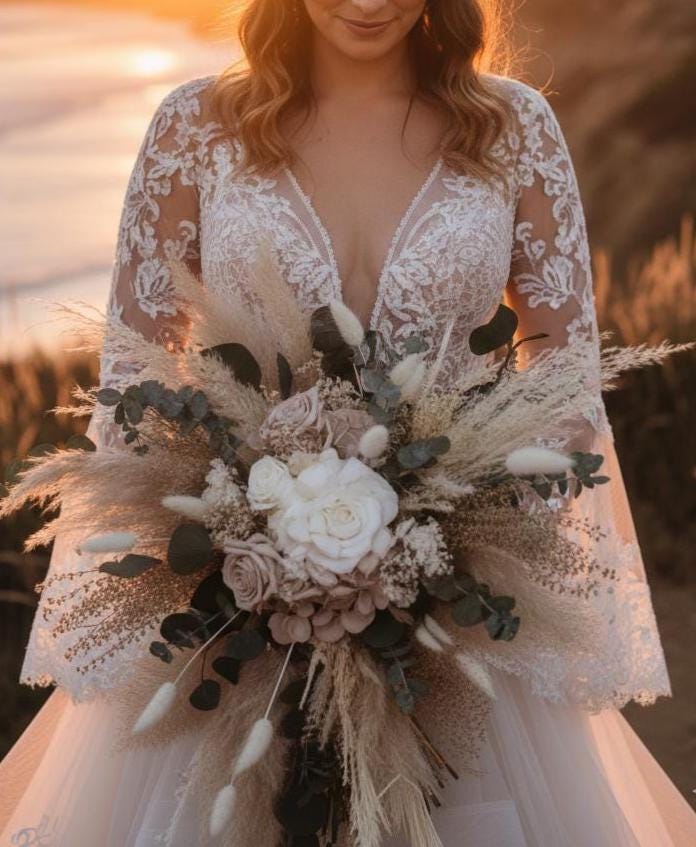 Cascade Wedding Bouquet Boho Peach Bridal Bouquet Dried Flowers Cascading Bouquet for Bride Boho Bouquet Blush Boho Wedding Bouquet Salmon