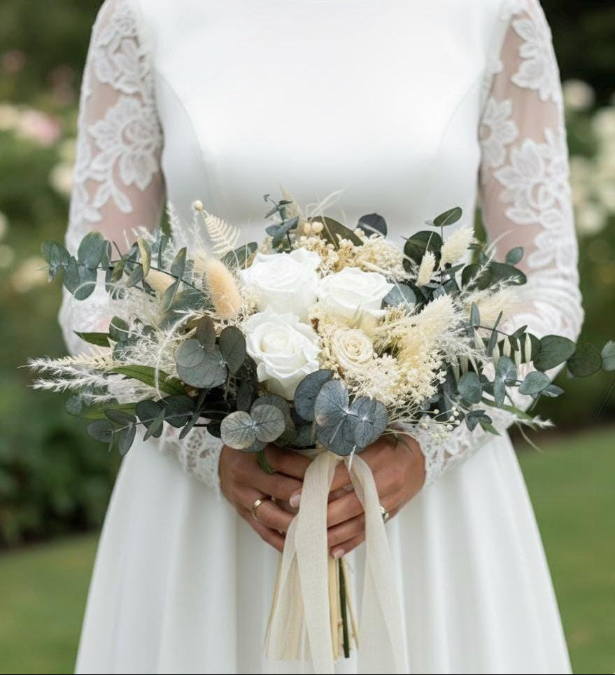 White Bouquet Wedding Eucalyptus Bouquet Boho Wedding Bouquet White Wedding Theme Green White Dried Flower Bouquet for Bridesmaids Bouquet