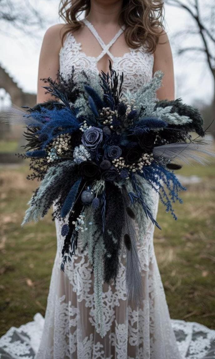 Dusty Blue Wedding Flowers, Corpse Bride Cascade Bouquet, Preserved Gothic Bridal Flower Bunch